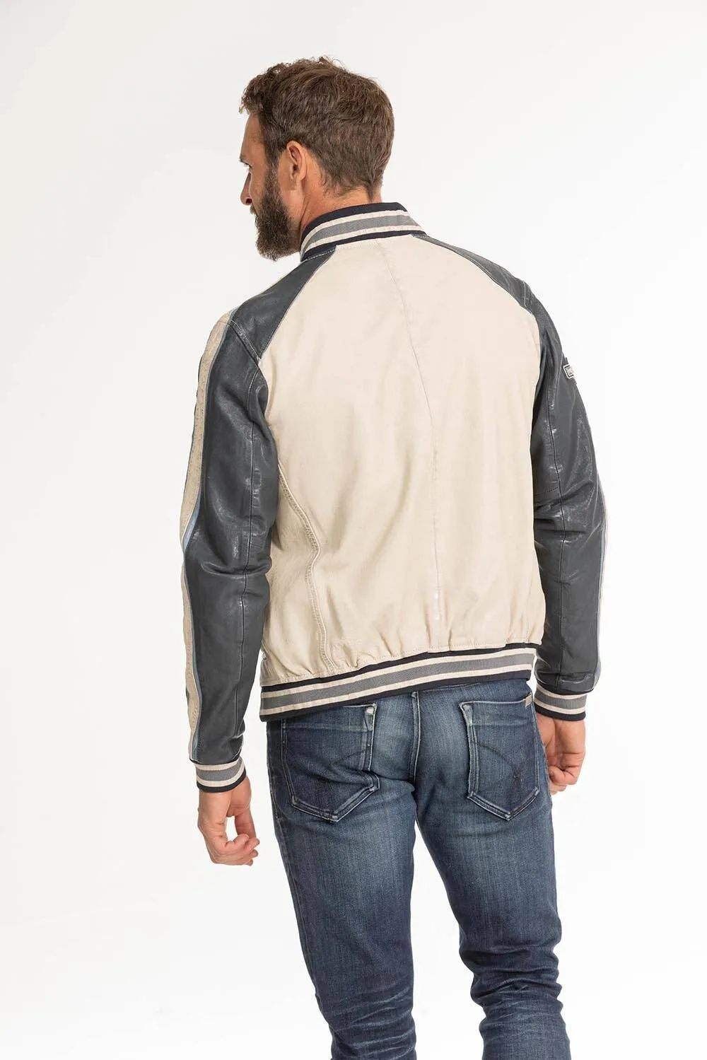 Men's beige/navy redskins fray teddy style leather jacket