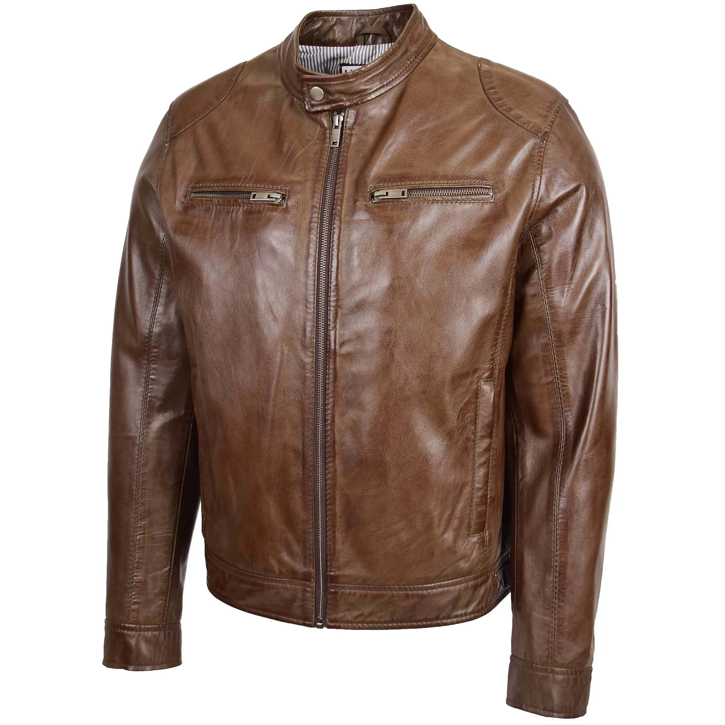 Mens Biker Soft Casual Leather Jacket Milton Brown