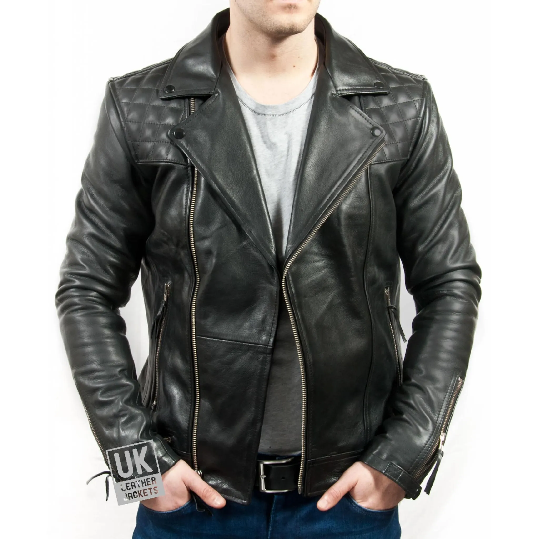 Mens Black Leather Biker Jacket - Maze - Superior Cow Hide | Free UK Delivery