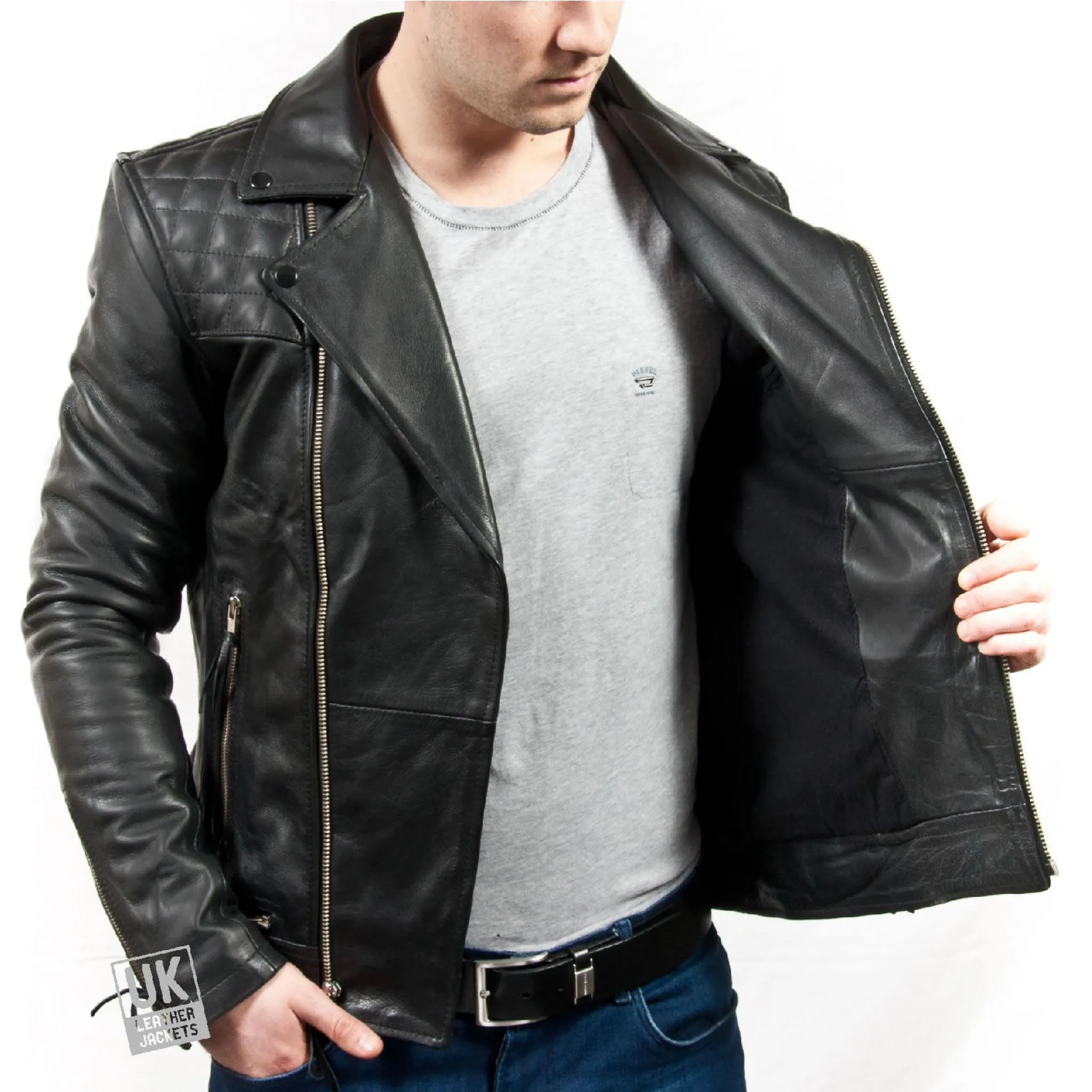 Mens Black Leather Biker Jacket - Maze - Superior Cow Hide | Free UK Delivery