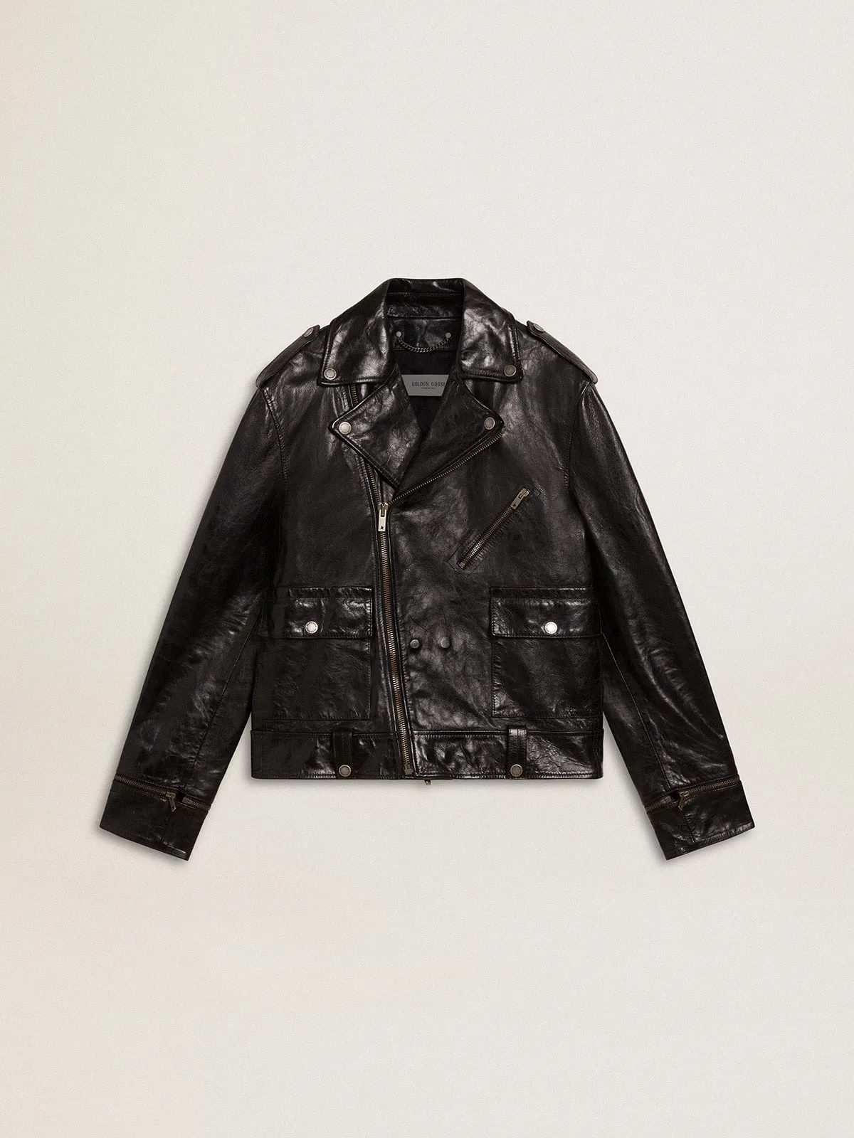 Men’s black leather biker jacket with glossy effect