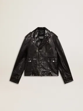 Men’s black leather biker jacket with glossy effect