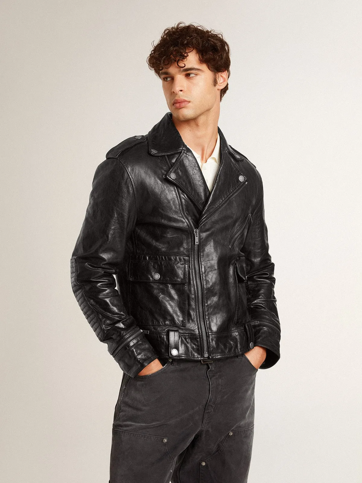 Men’s black leather biker jacket with glossy effect