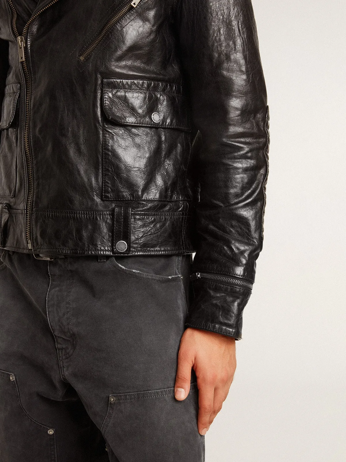 Men’s black leather biker jacket with glossy effect