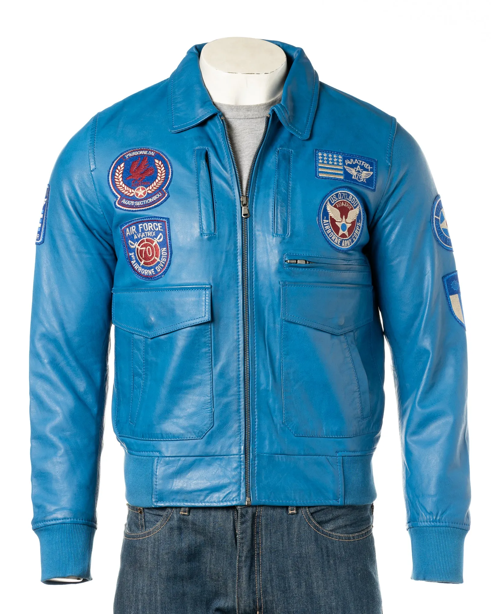 Men's Blue Aviator Pilot Flight A2 Style Leather Jacket With Badge Detail: Riccardo