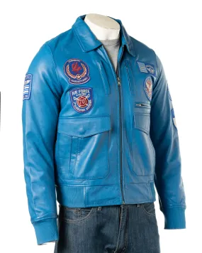 Men's Blue Aviator Pilot Flight A2 Style Leather Jacket With Badge Detail: Riccardo