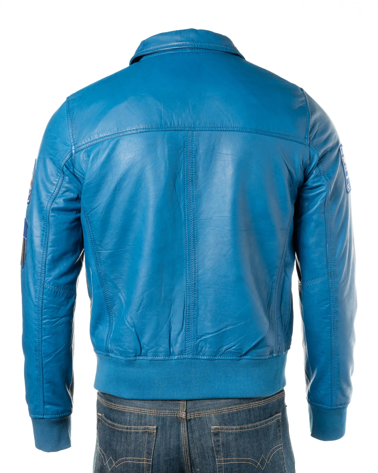 Men's Blue Aviator Pilot Flight A2 Style Leather Jacket With Badge Detail: Riccardo