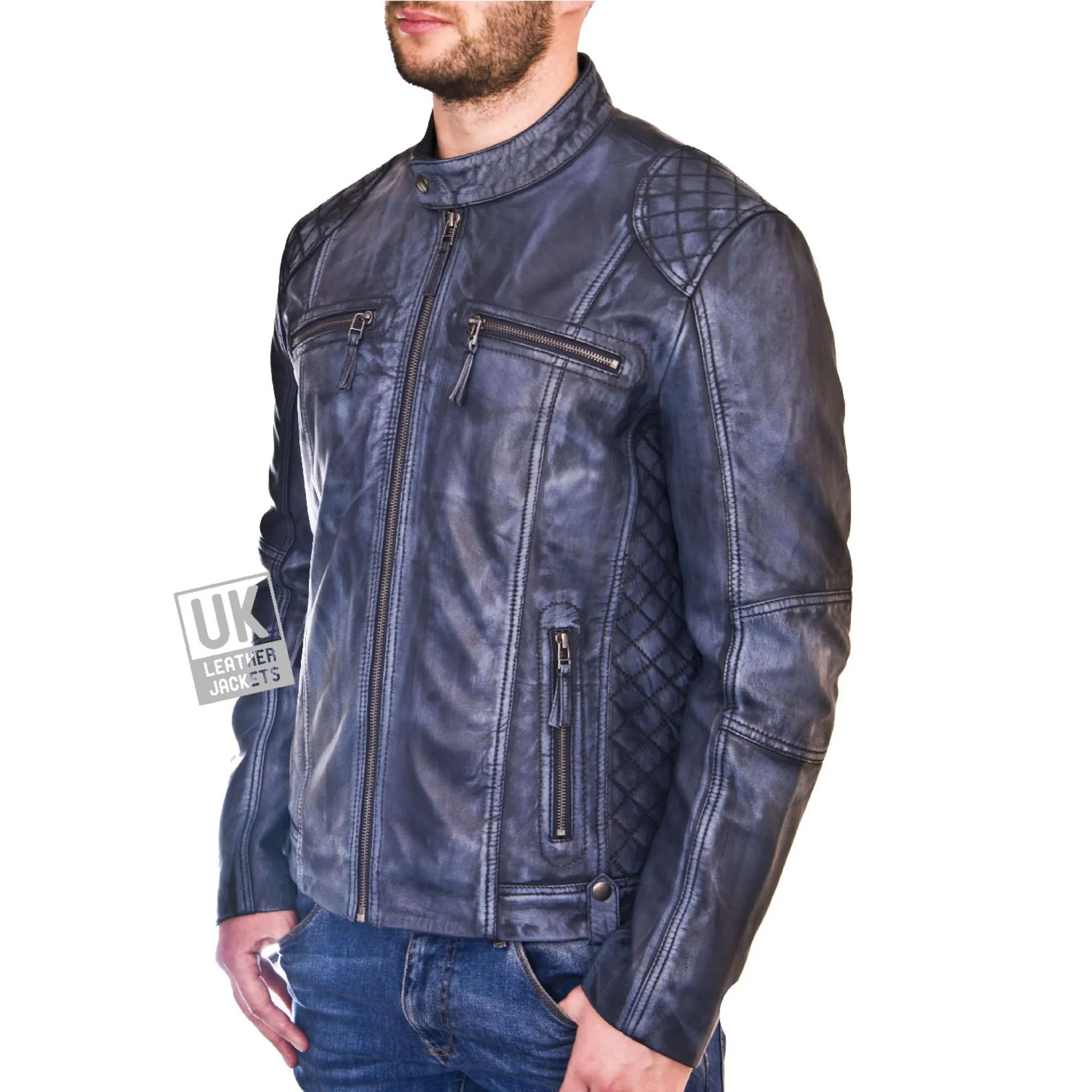 Mens Blue Leather Biker Jacket - Phoenix | Free UK Delivery