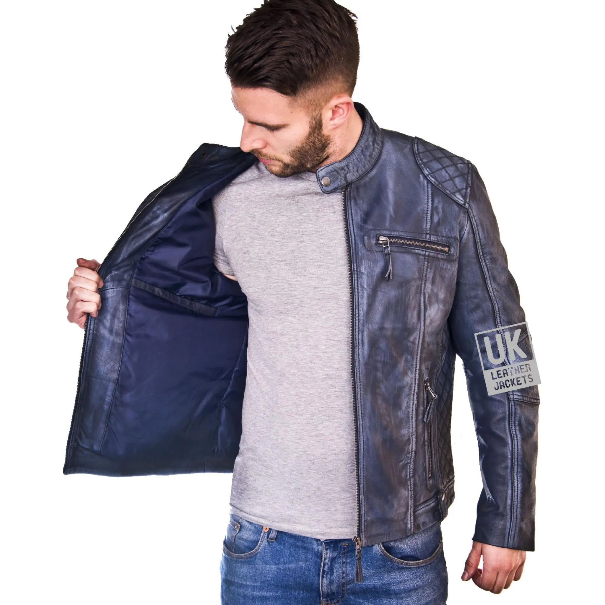 Mens Blue Leather Biker Jacket - Phoenix | Free UK Delivery