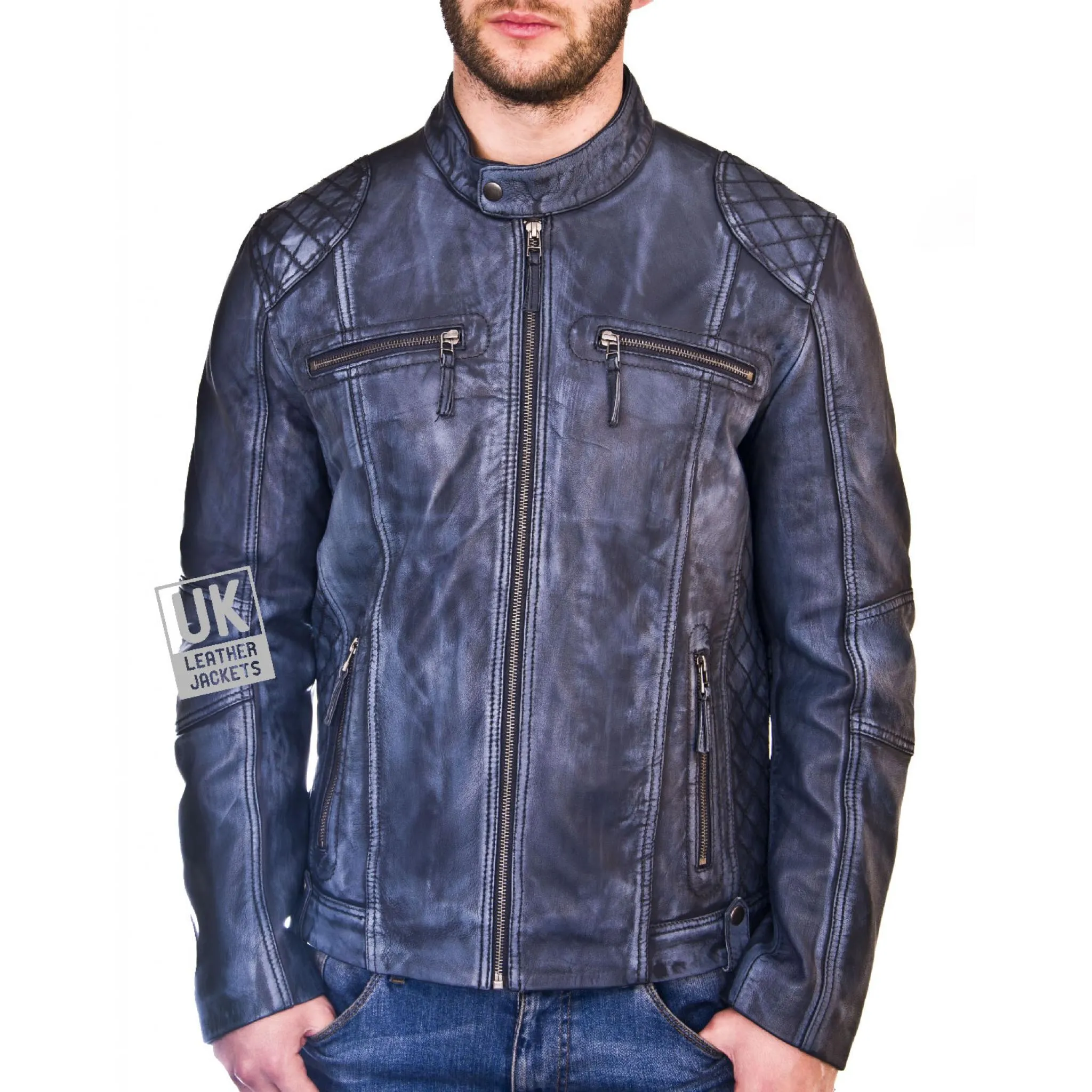 Mens Blue Leather Biker Jacket - Phoenix | Free UK Delivery