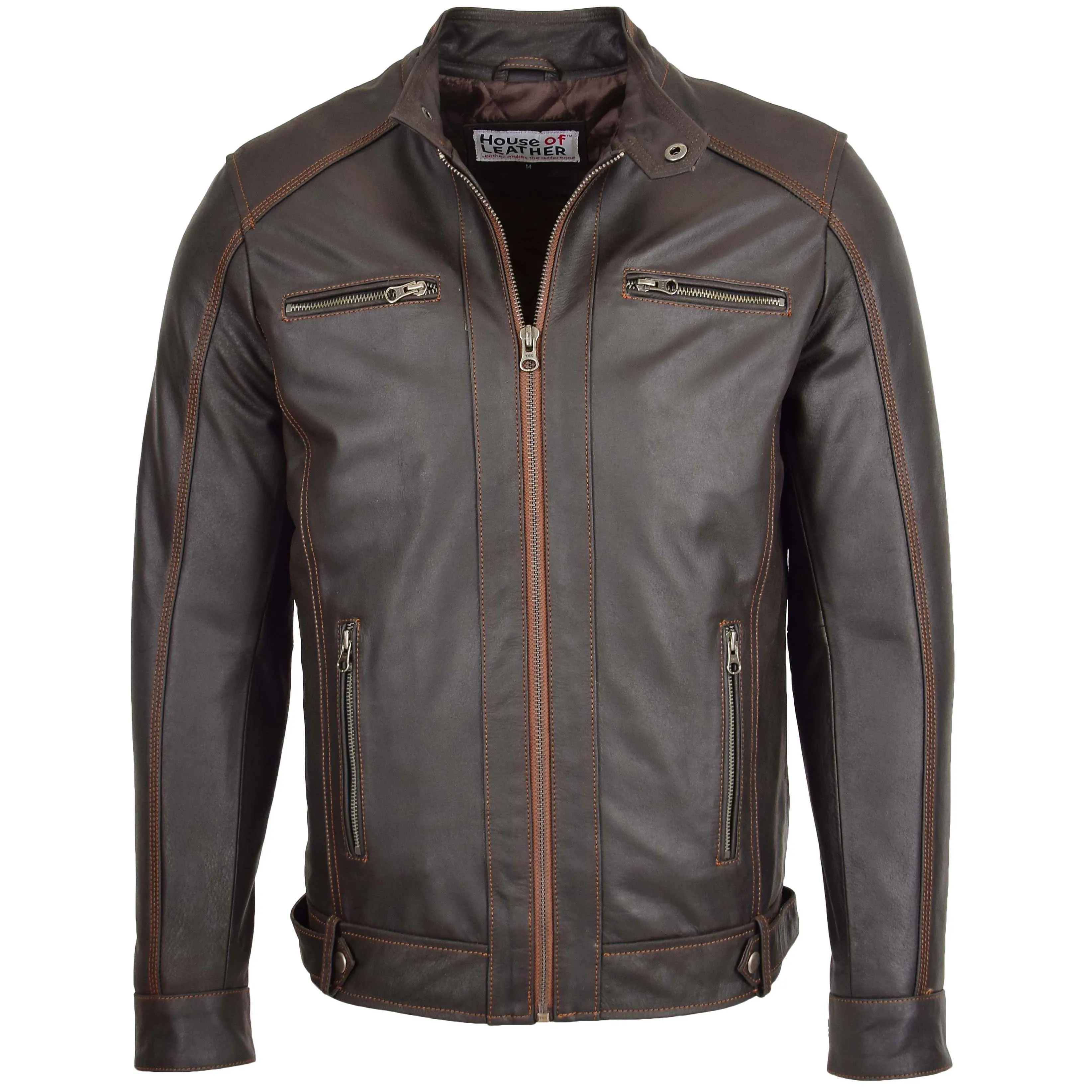 Mens Classic Leather Biker Style Zip Jacket Ethan Brown