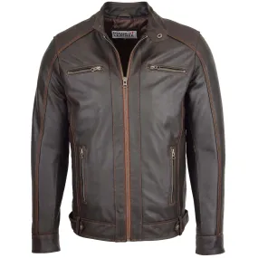 Mens Classic Leather Biker Style Zip Jacket Ethan Brown