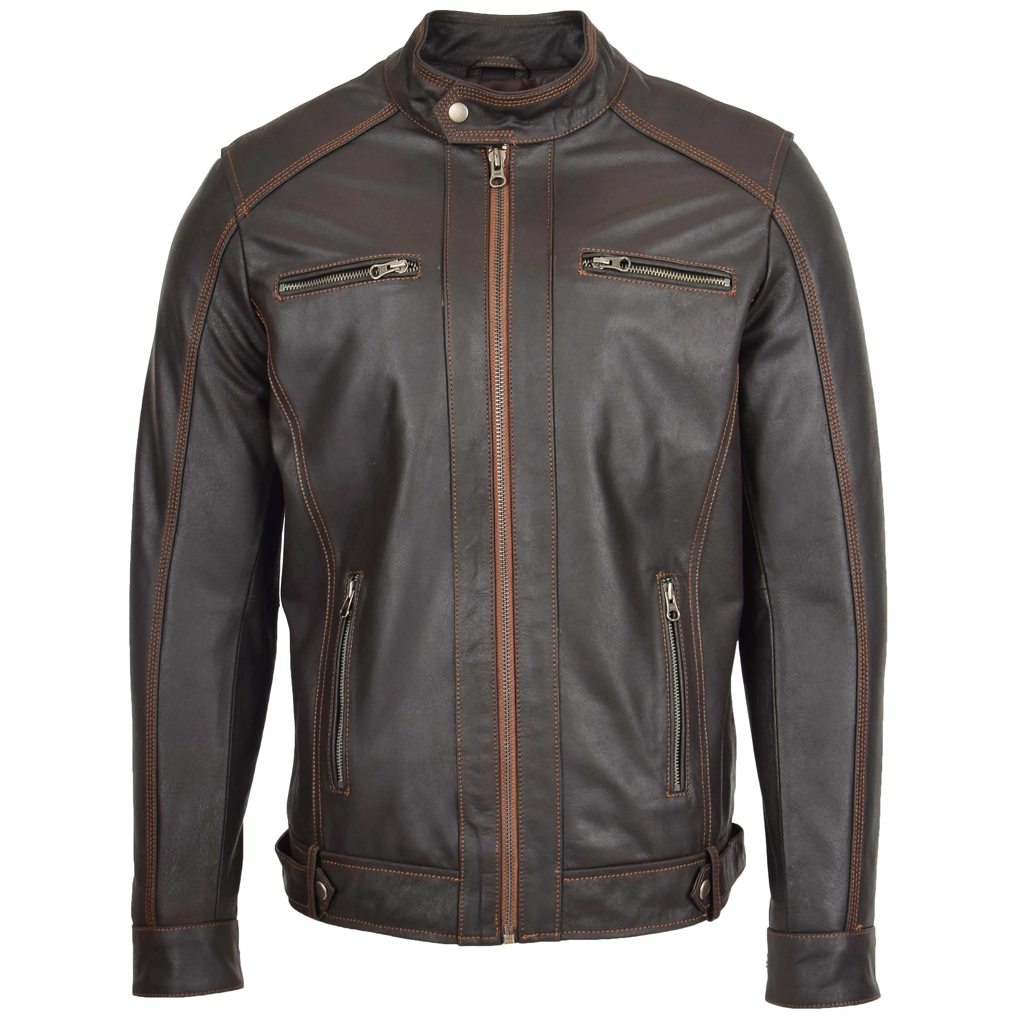 Mens Classic Leather Biker Style Zip Jacket Ethan Brown