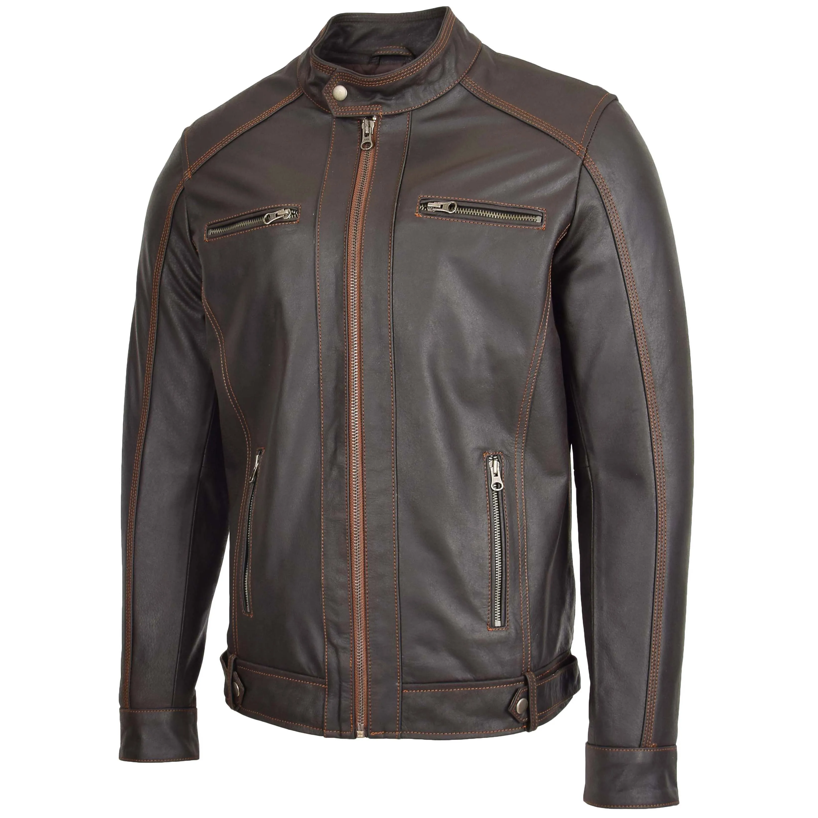 Mens Classic Leather Biker Style Zip Jacket Ethan Brown