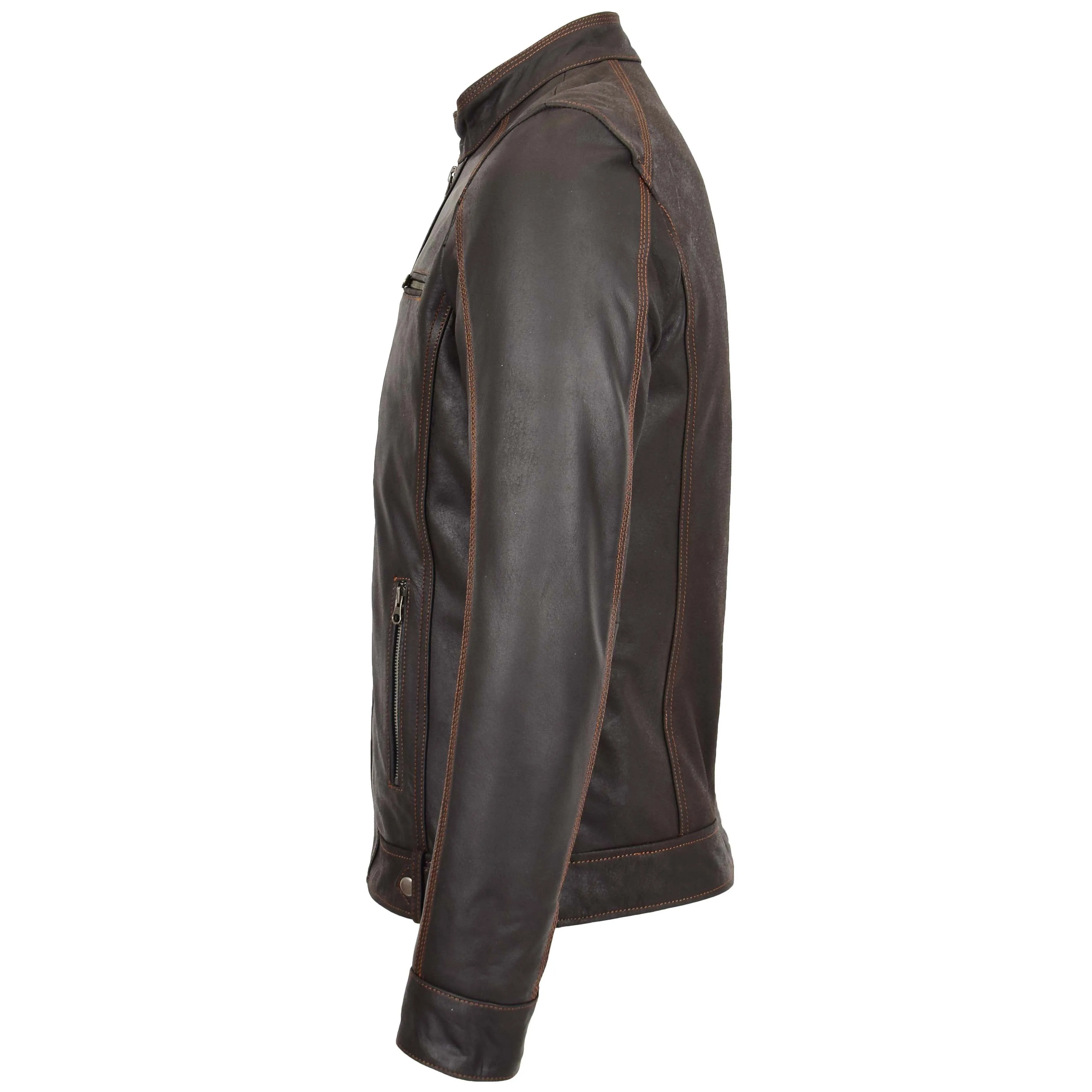 Mens Classic Leather Biker Style Zip Jacket Ethan Brown