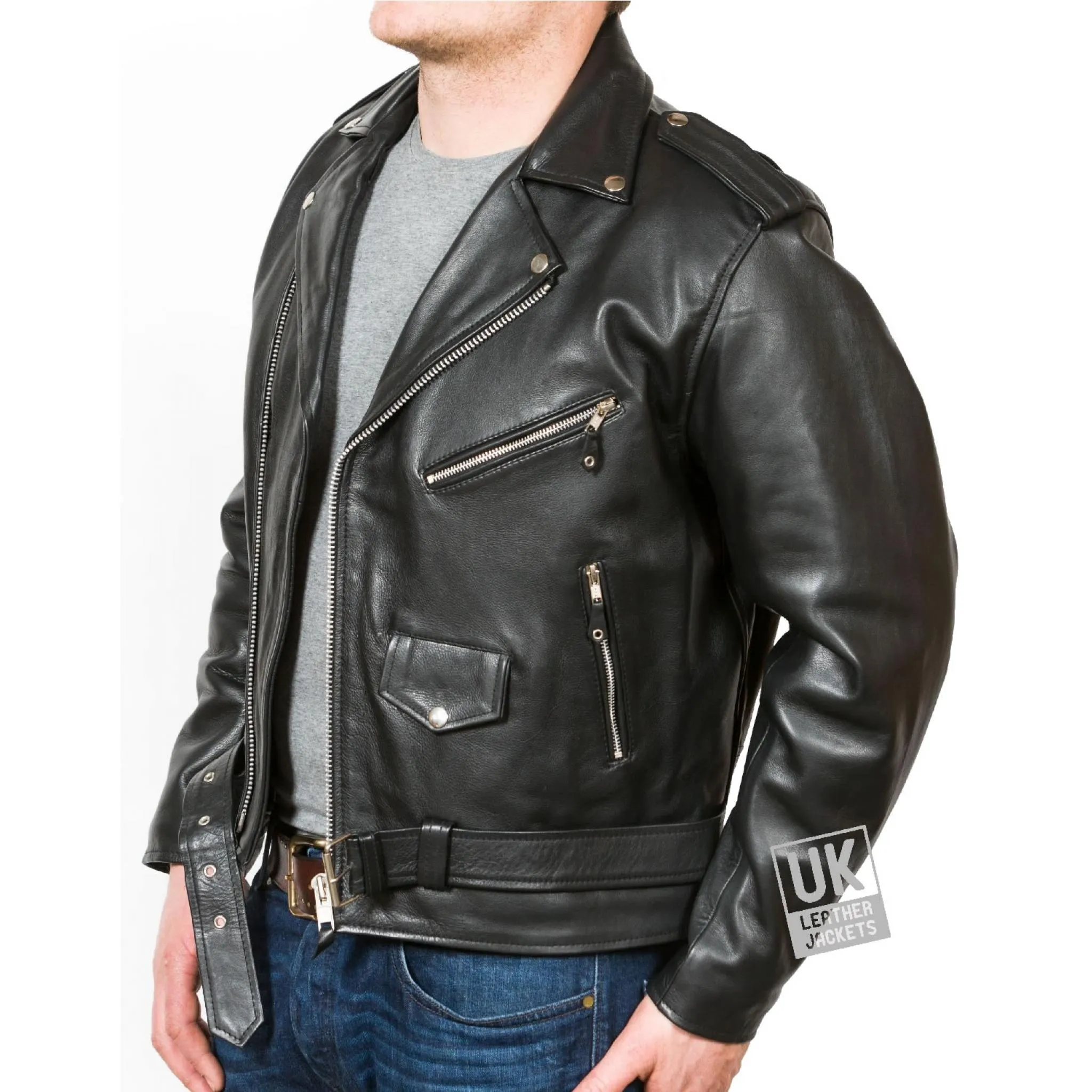 Mens Cross Zip Belted Black Leather Biker Jacket - Brando - Superior Cow Hide | UK LJ