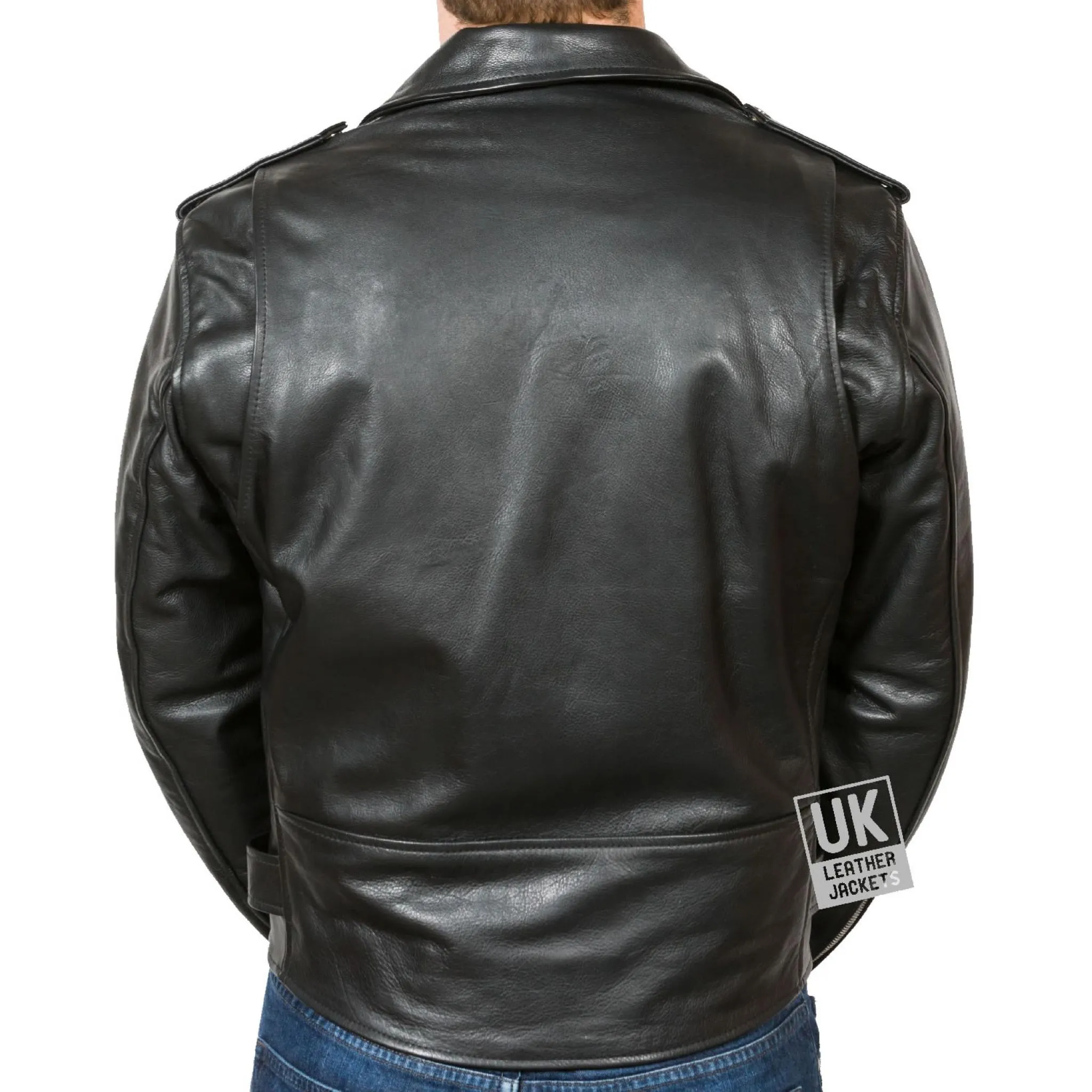 Mens Cross Zip Belted Black Leather Biker Jacket - Brando - Superior Cow Hide | UK LJ