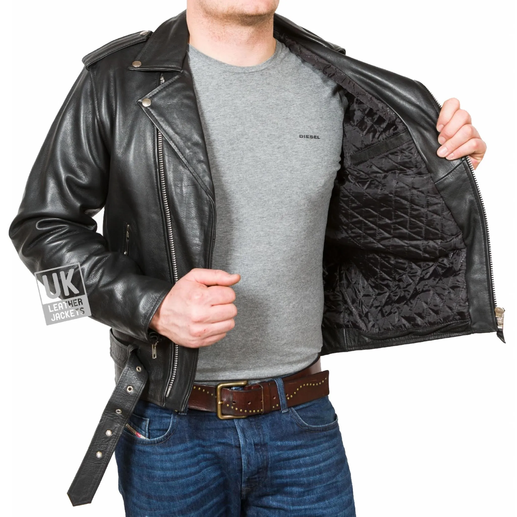 Mens Cross Zip Belted Black Leather Biker Jacket - Brando - Superior Cow Hide | UK LJ