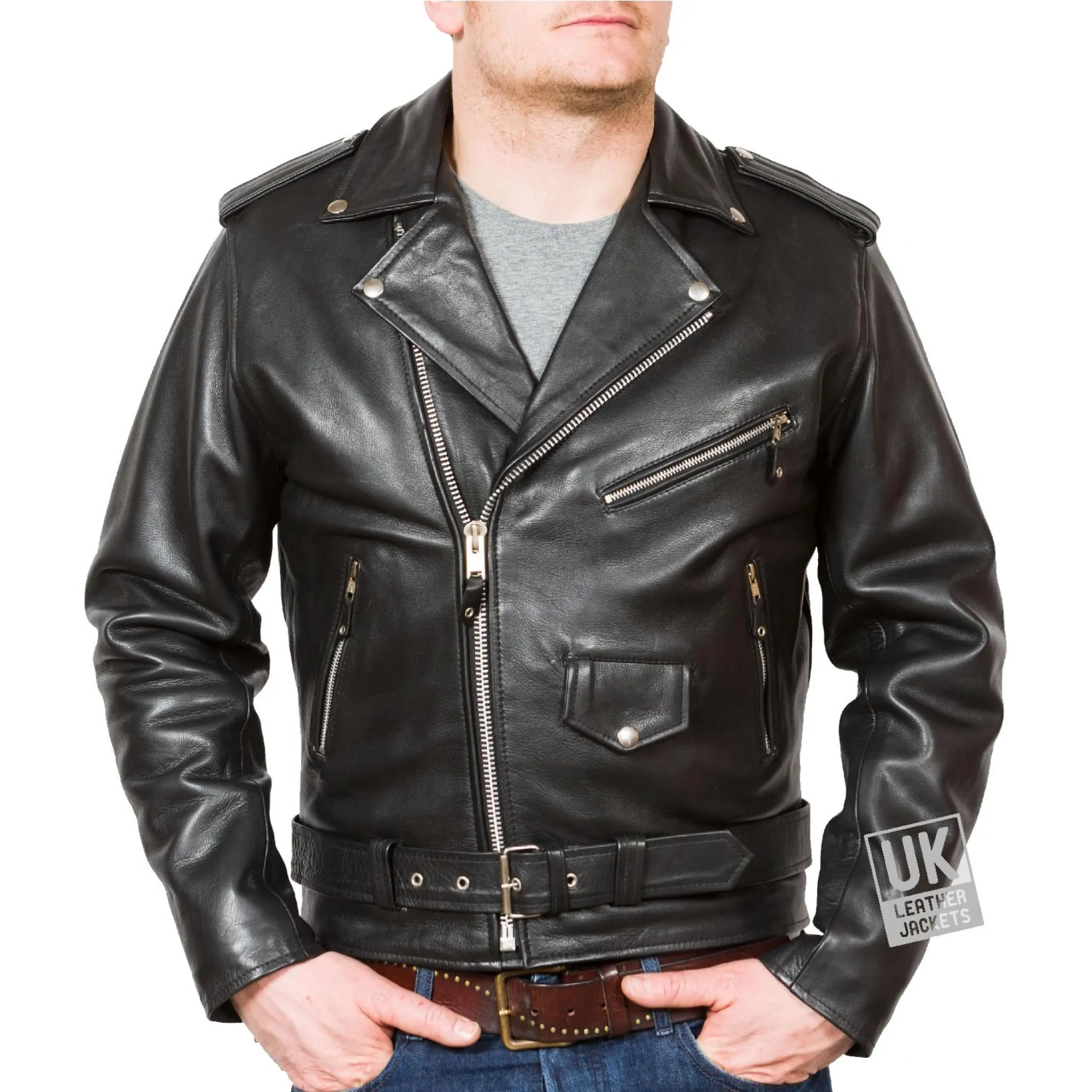 Mens Cross Zip Belted Black Leather Biker Jacket - Brando - Superior Cow Hide | UK LJ