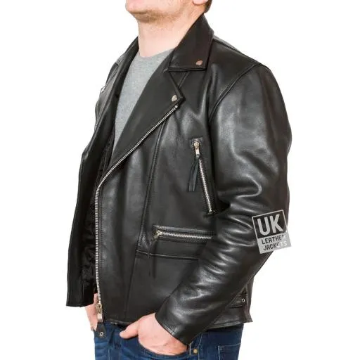 Mens Cross Zip Biker Jacket - Superior Black Cow Hide - Ramones | UK LJ