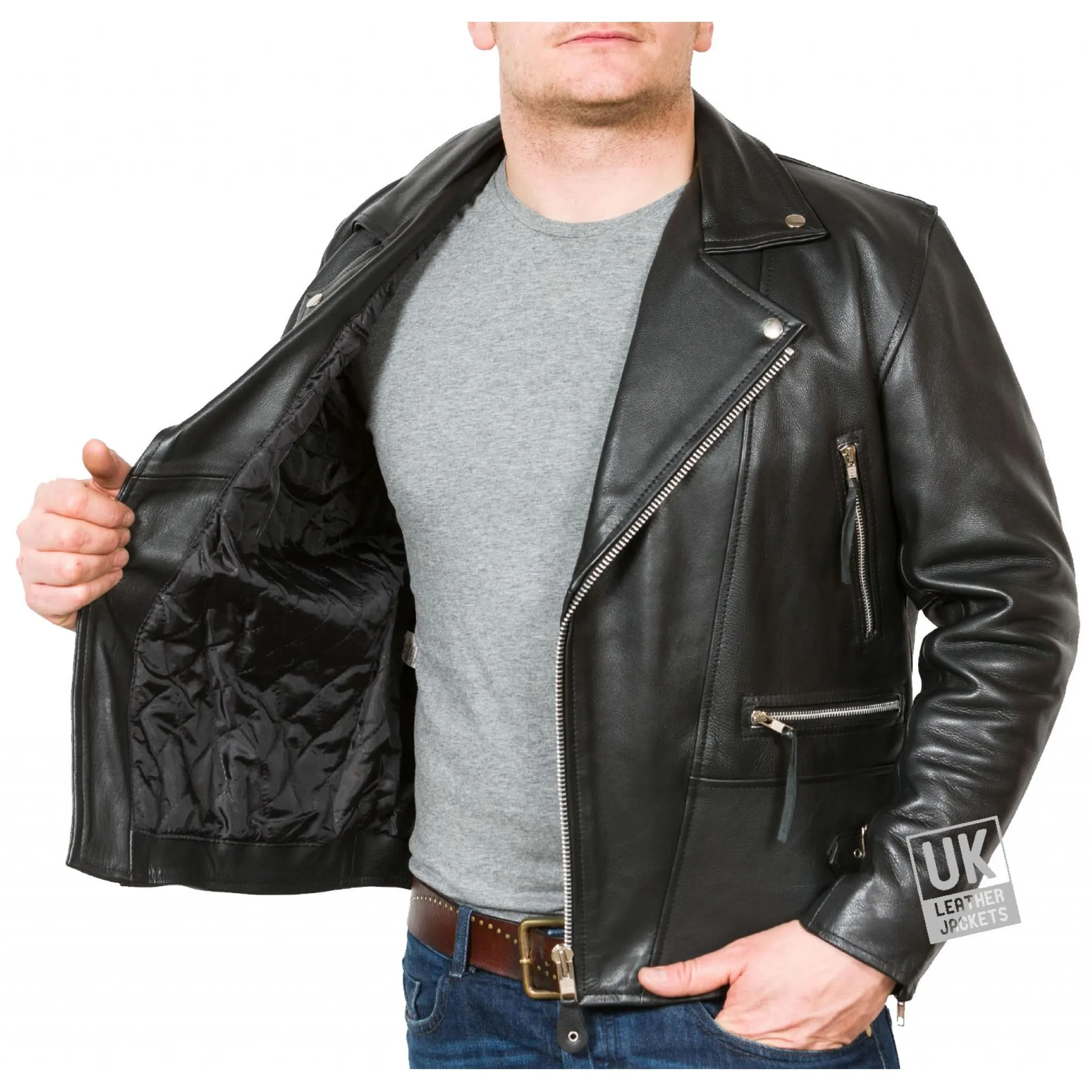 Mens Cross Zip Biker Jacket - Superior Black Cow Hide - Ramones | UK LJ