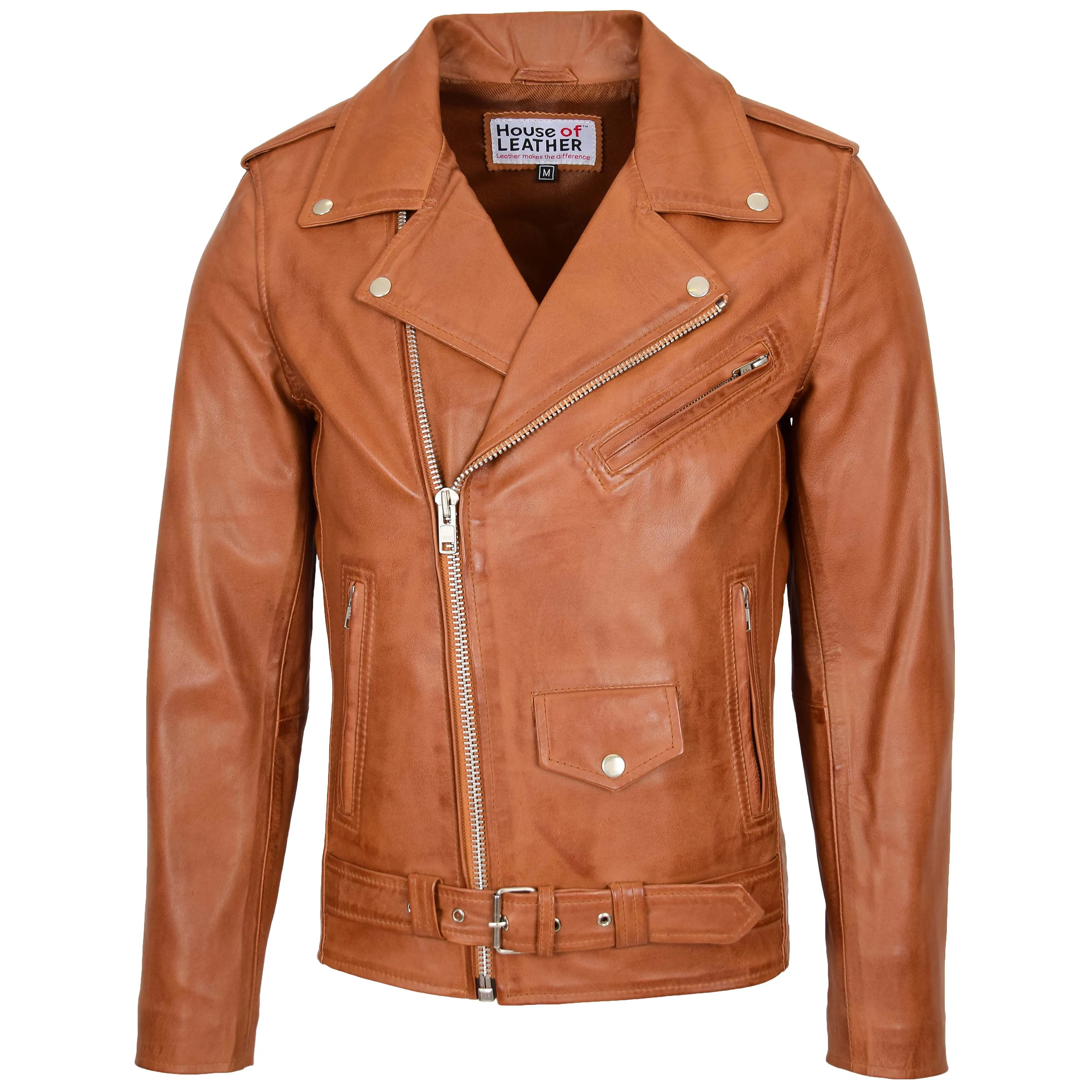 Mens Leather Biker Jacket Brando Style Johnny Tan