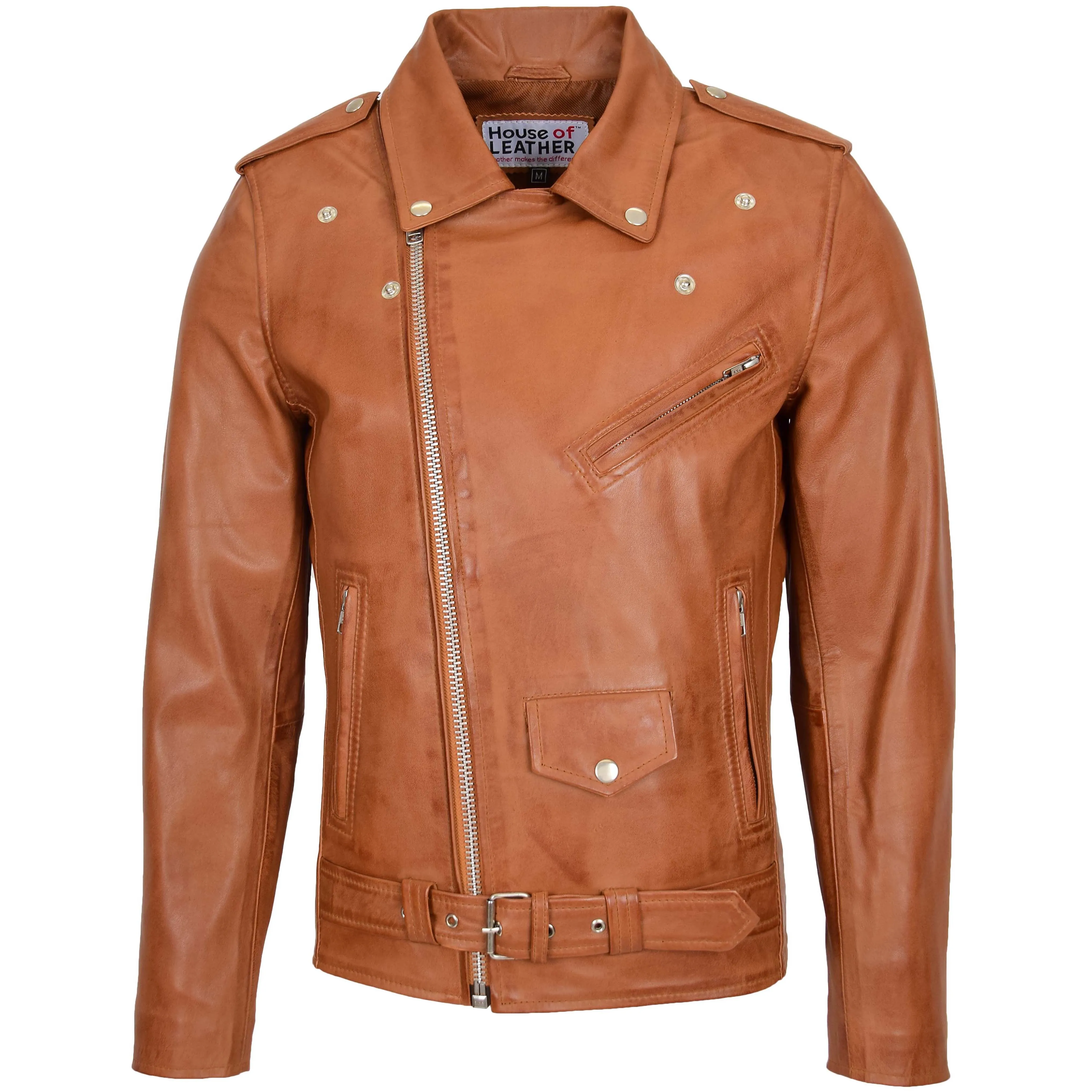 Mens Leather Biker Jacket Brando Style Johnny Tan