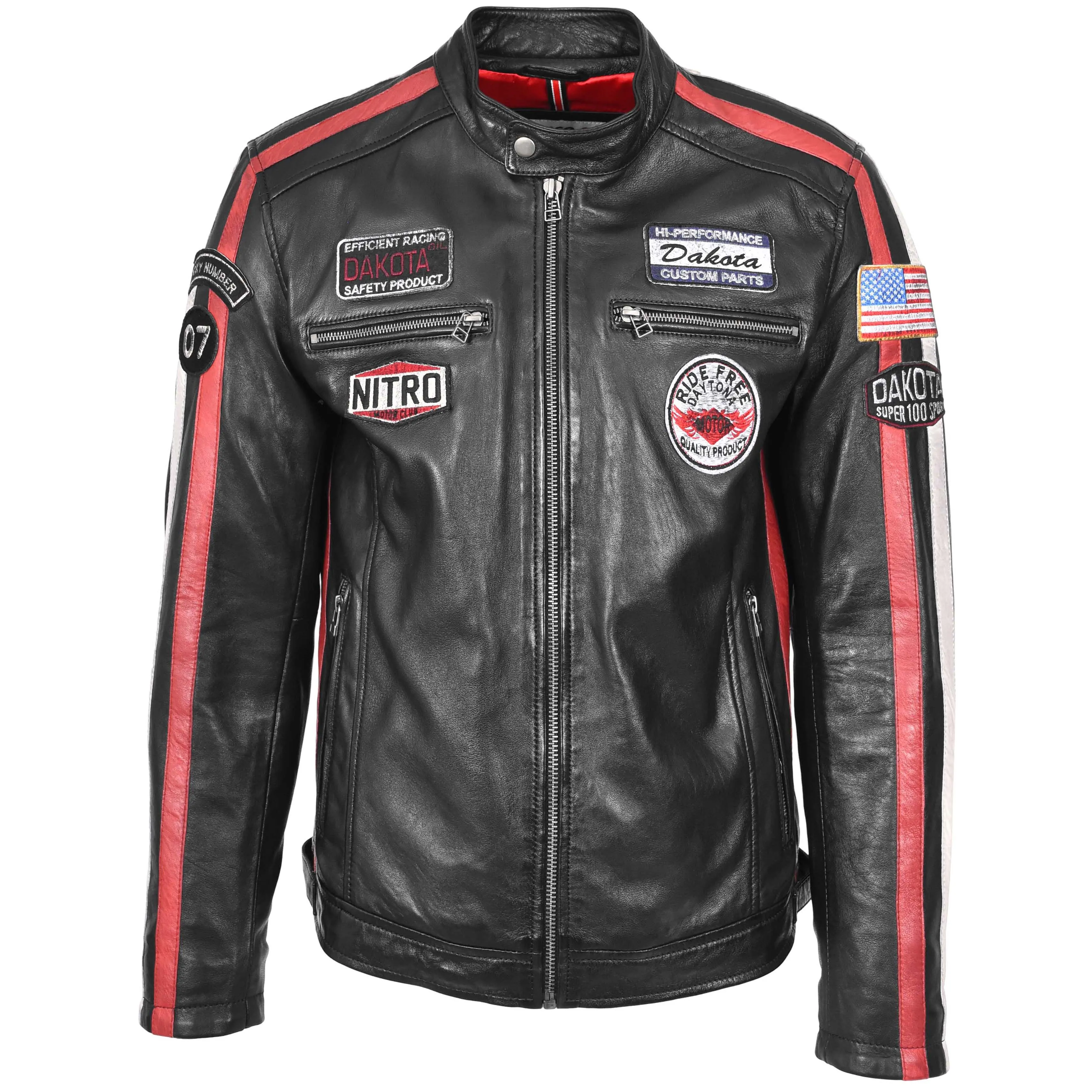 Mens Leather Biker Jacket Motorsport Logos Bobby Black