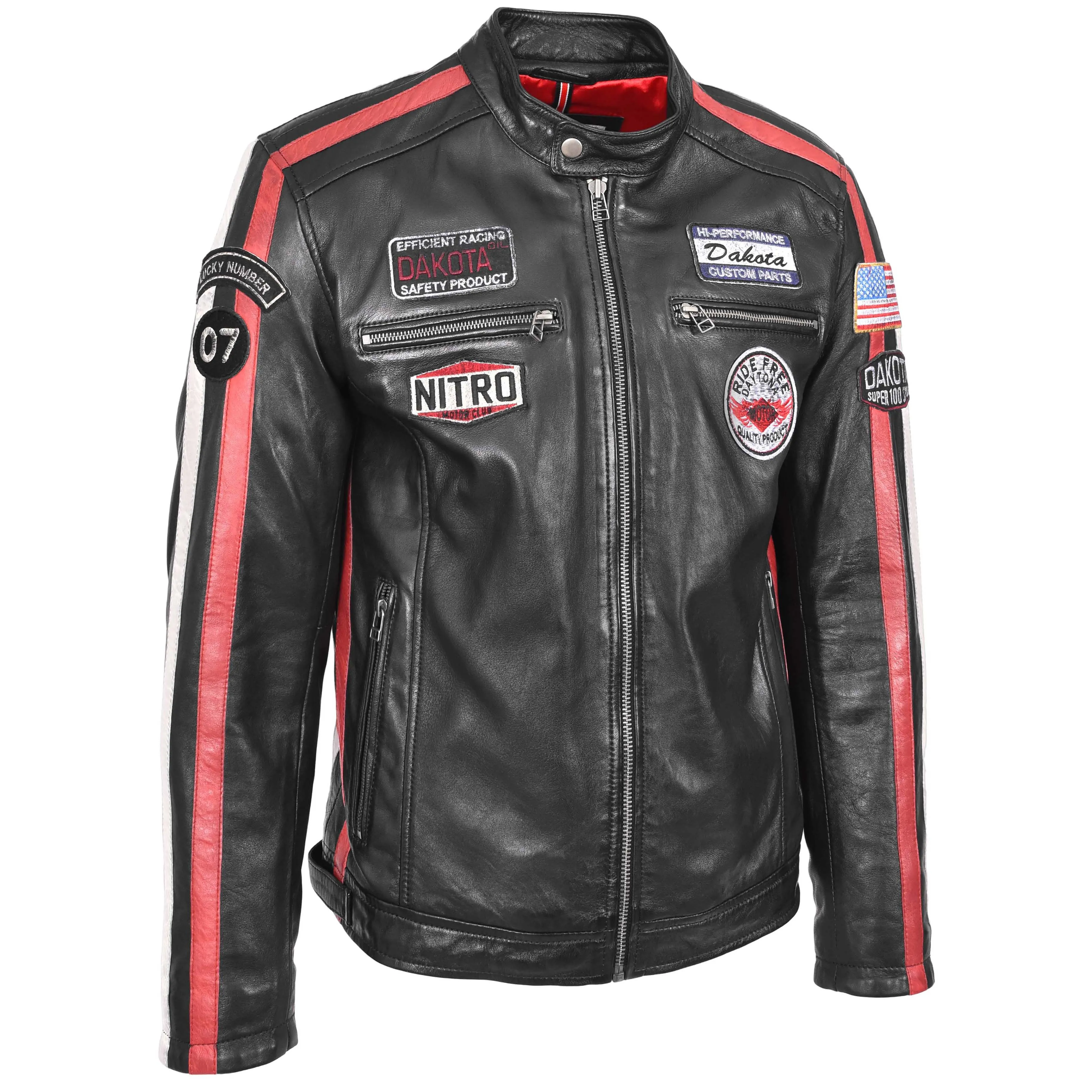 Mens Leather Biker Jacket Motorsport Logos Bobby Black