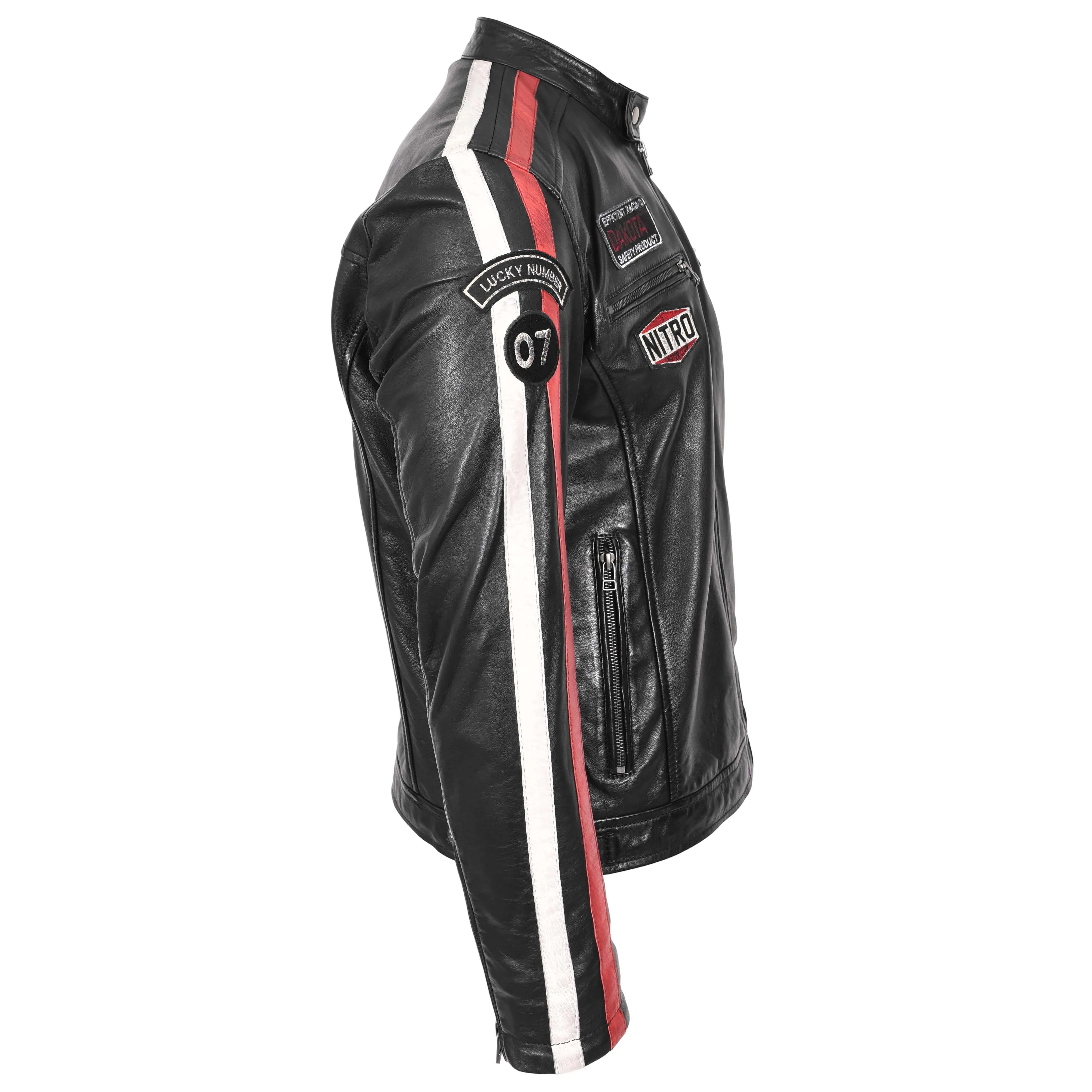 Mens Leather Biker Jacket Motorsport Logos Bobby Black