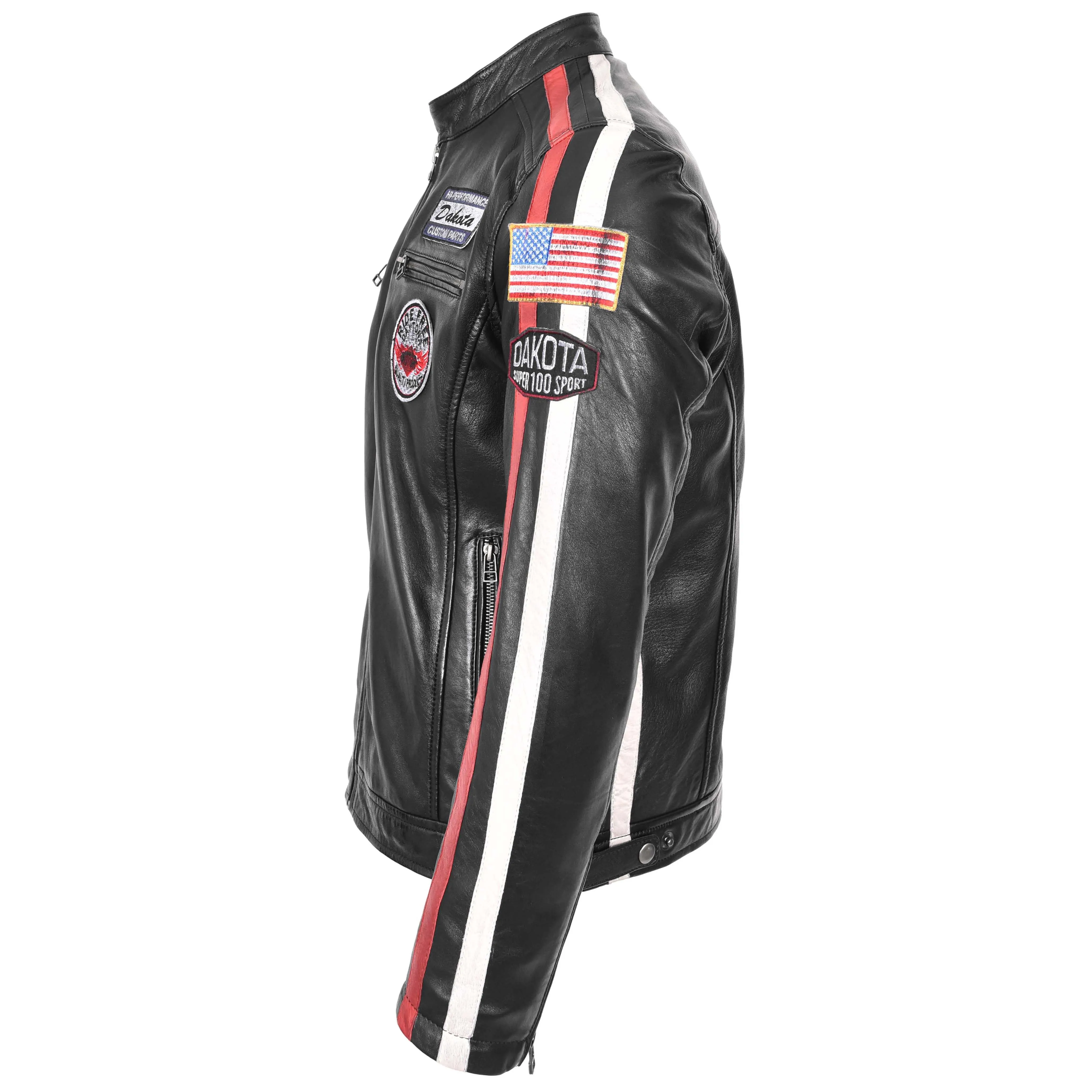 Mens Leather Biker Jacket Motorsport Logos Bobby Black