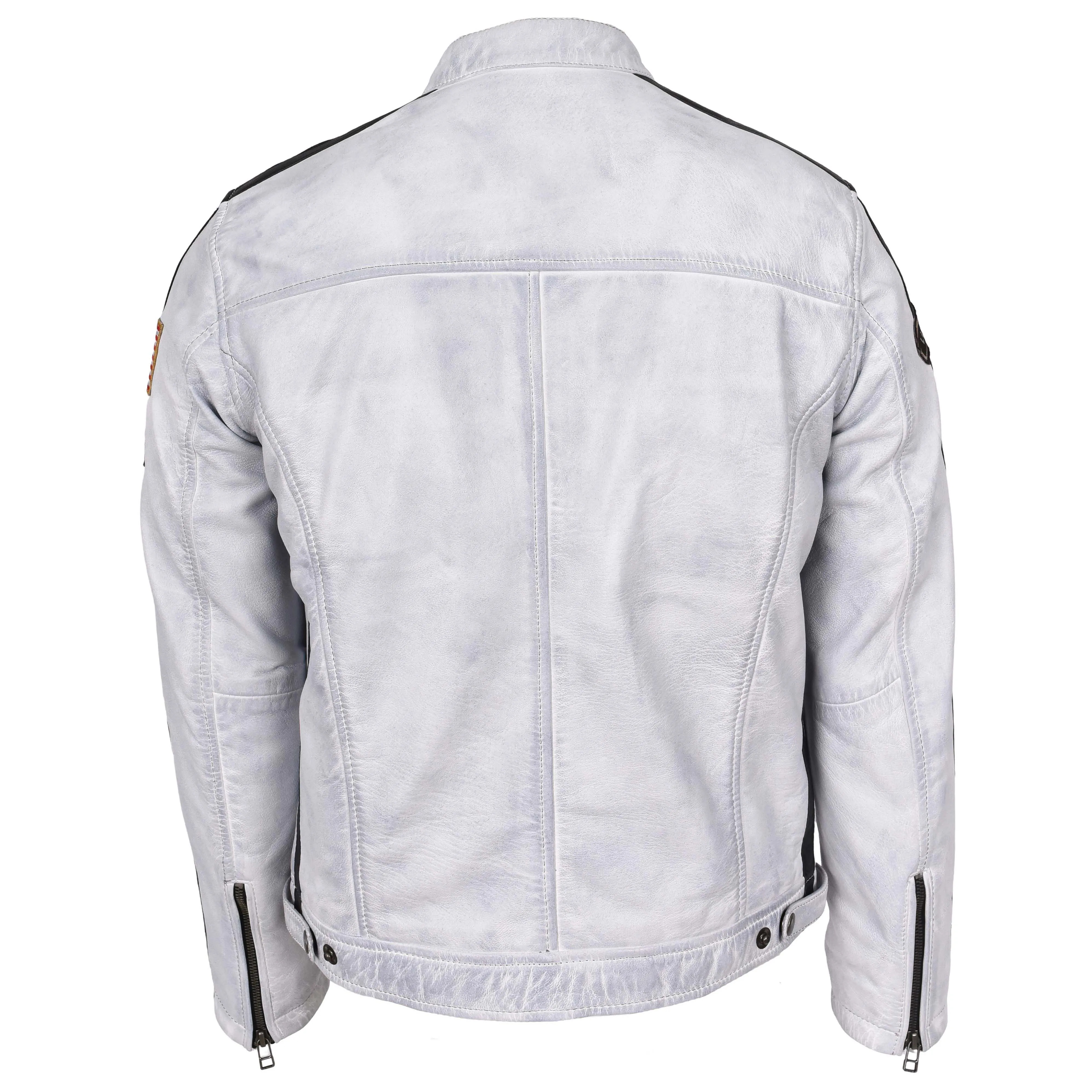 Mens Leather Biker Jacket Motorsport Logos Bobby Vintage White