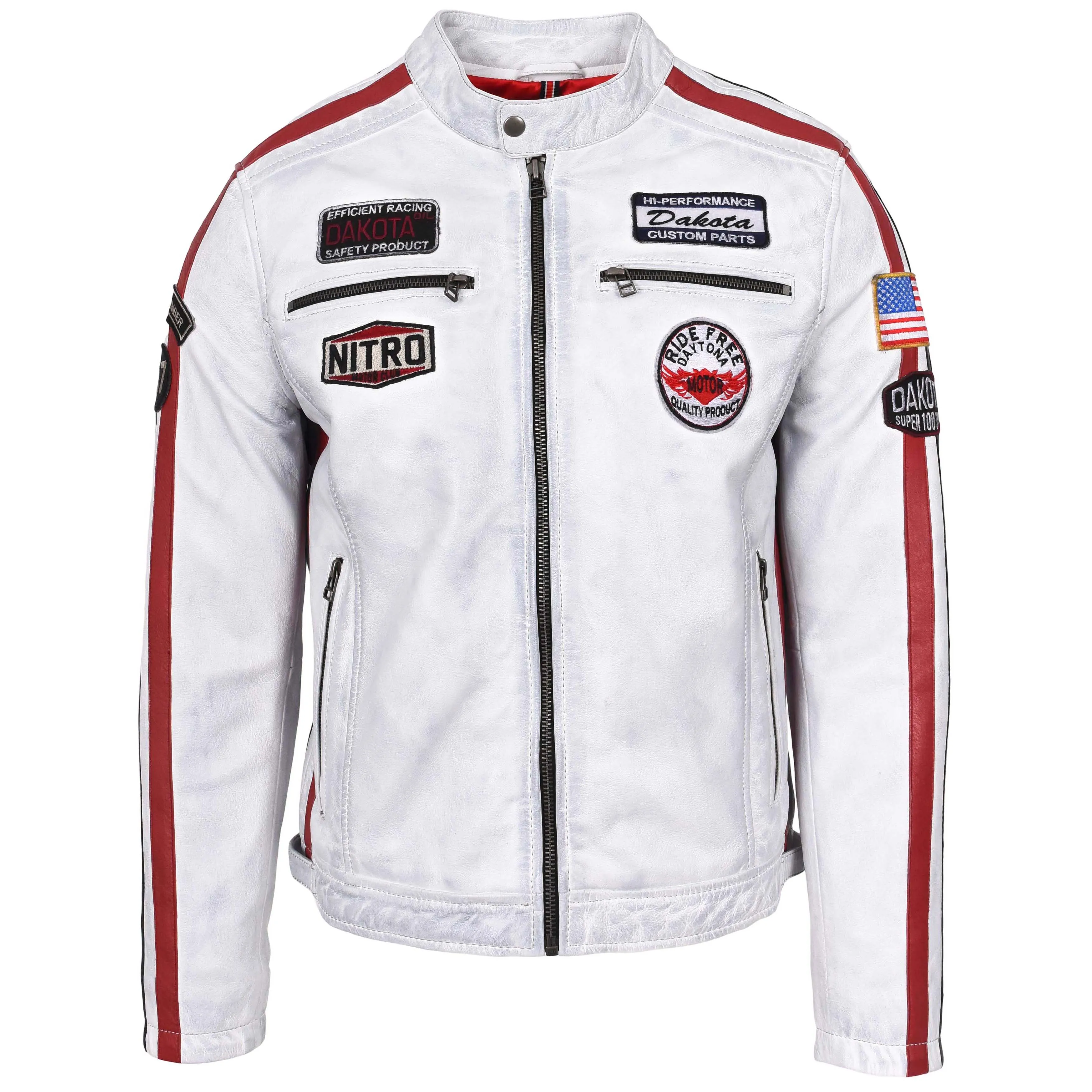 Mens Leather Biker Jacket Motorsport Logos Bobby Vintage White