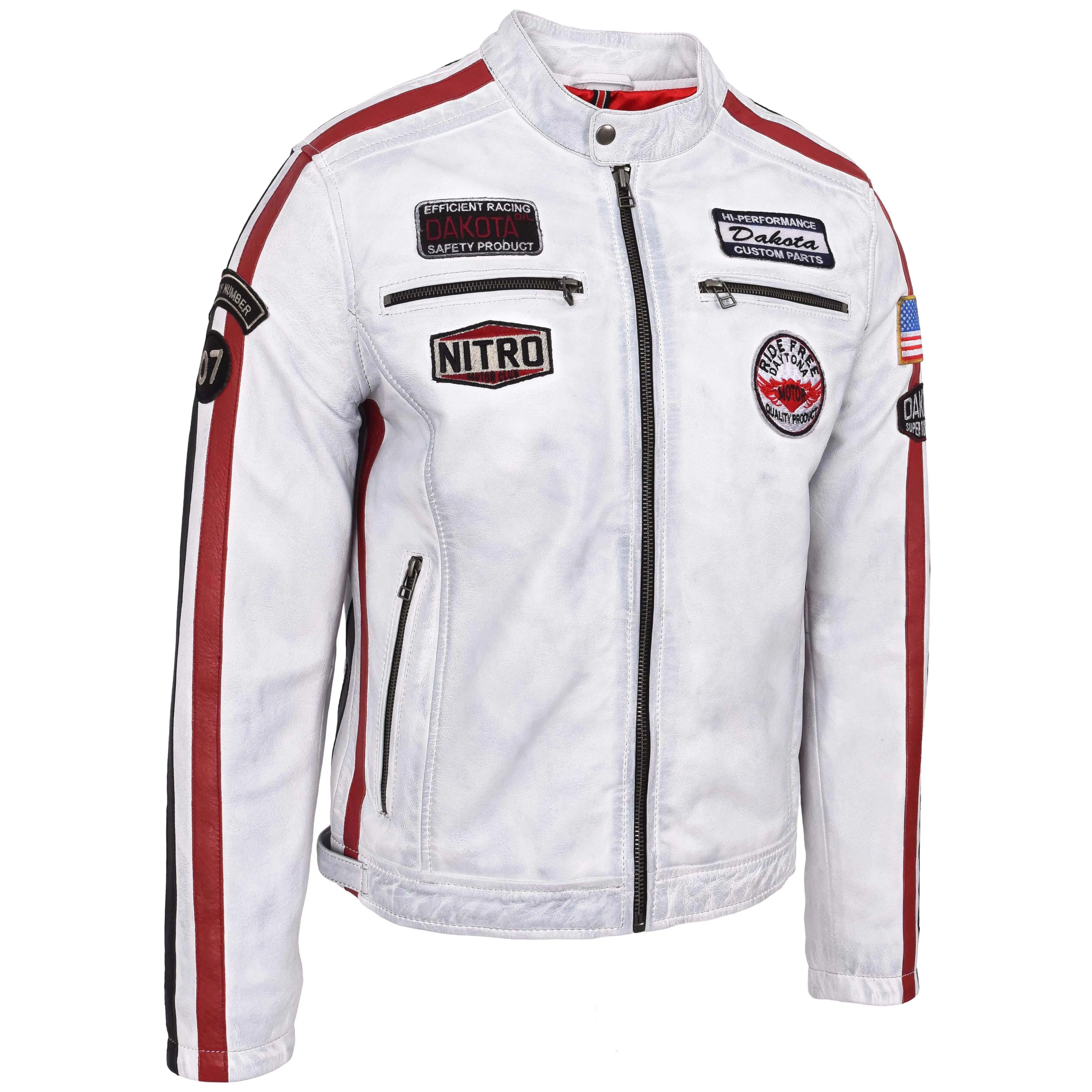 Mens Leather Biker Jacket Motorsport Logos Bobby Vintage White