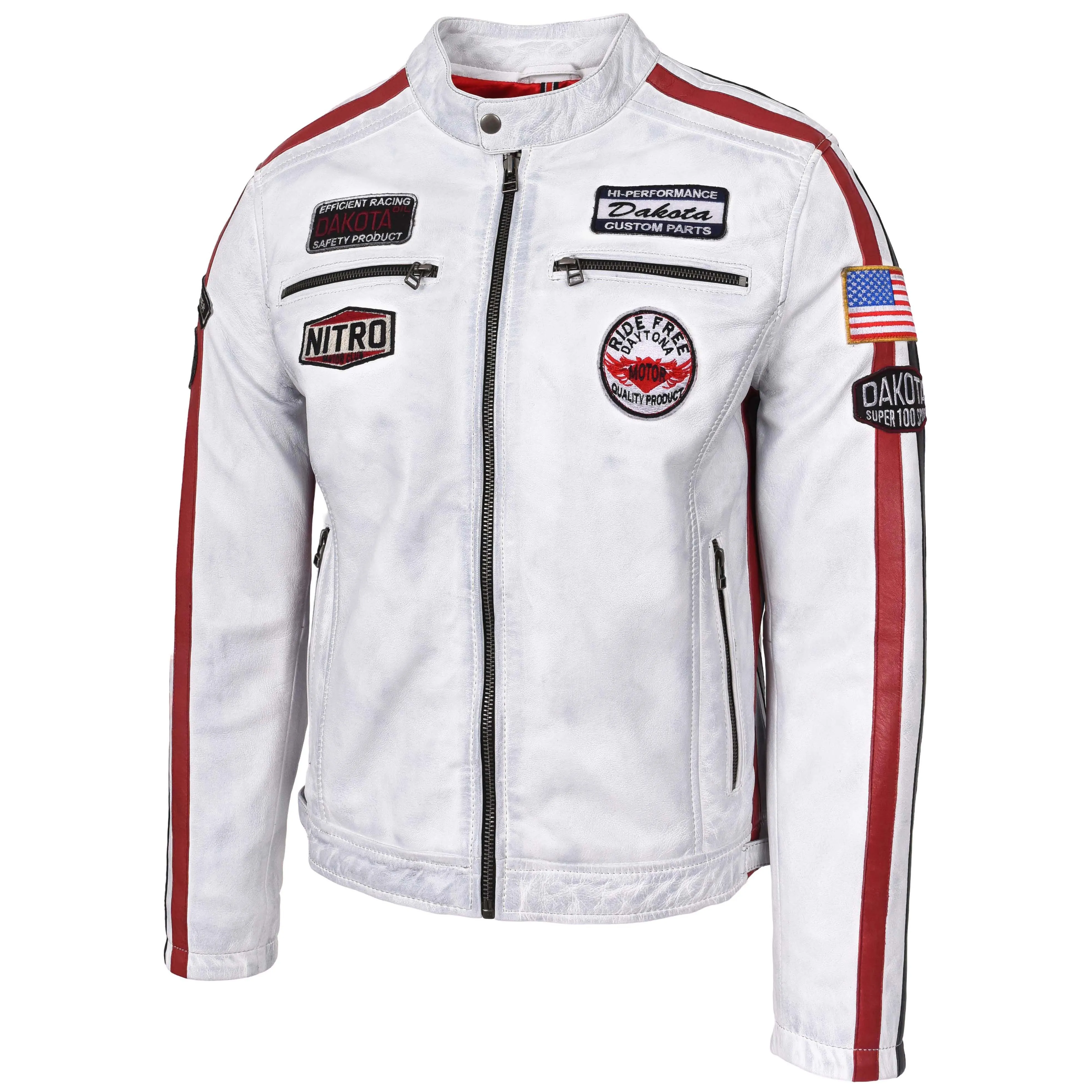 Mens Leather Biker Jacket Motorsport Logos Bobby Vintage White