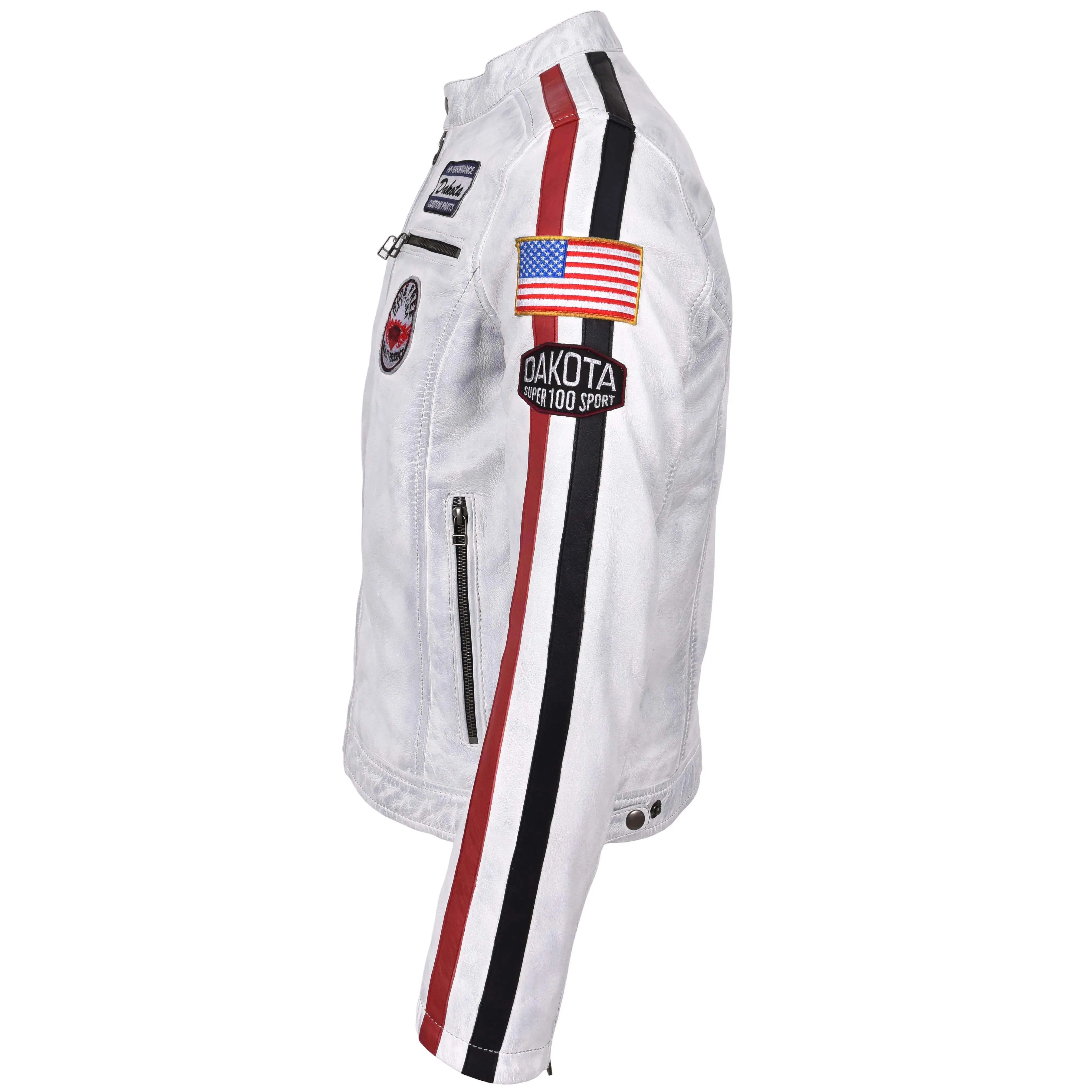 Mens Leather Biker Jacket Motorsport Logos Bobby Vintage White