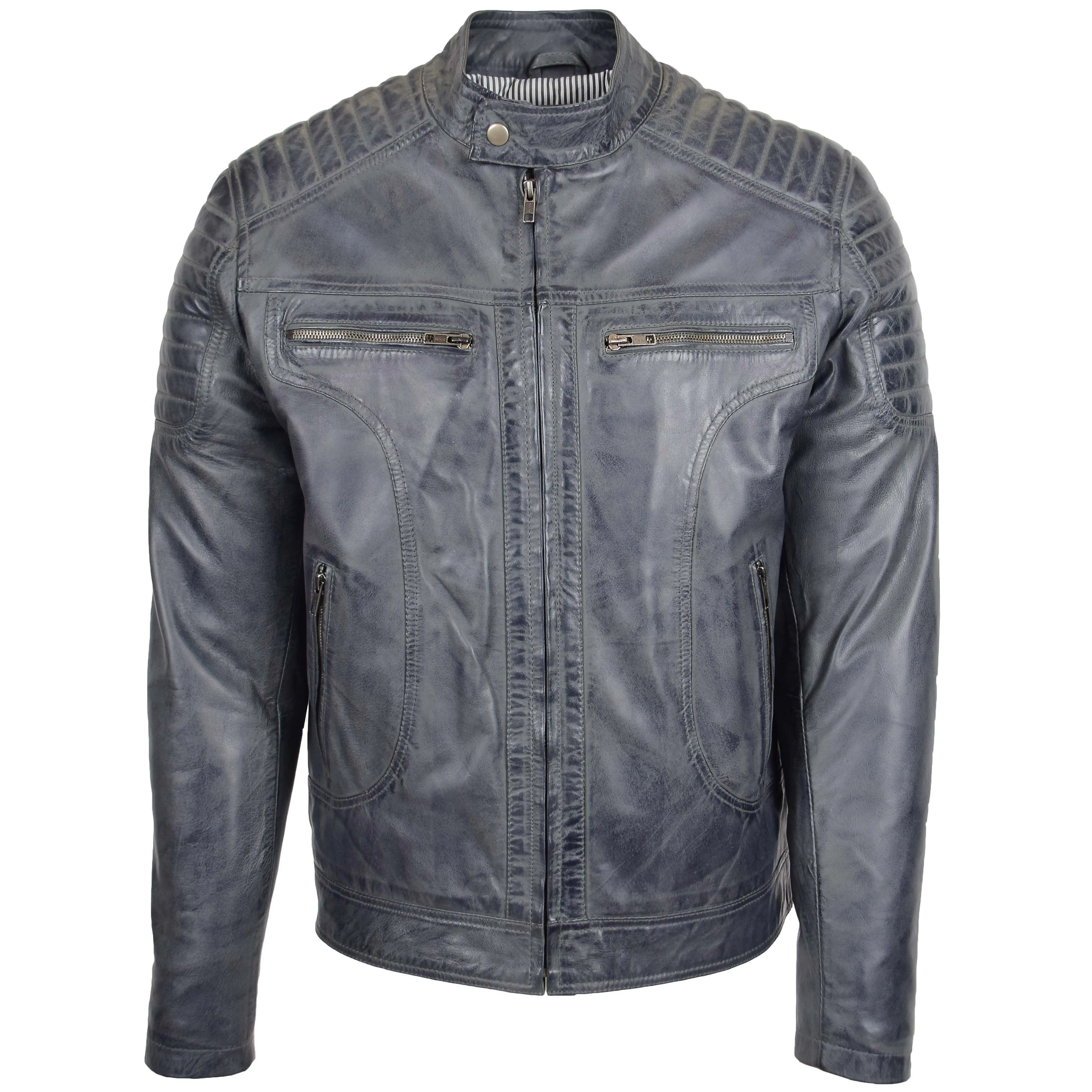 Mens Leather Biker Style Zip Jacket Eddie Grey Two Tone