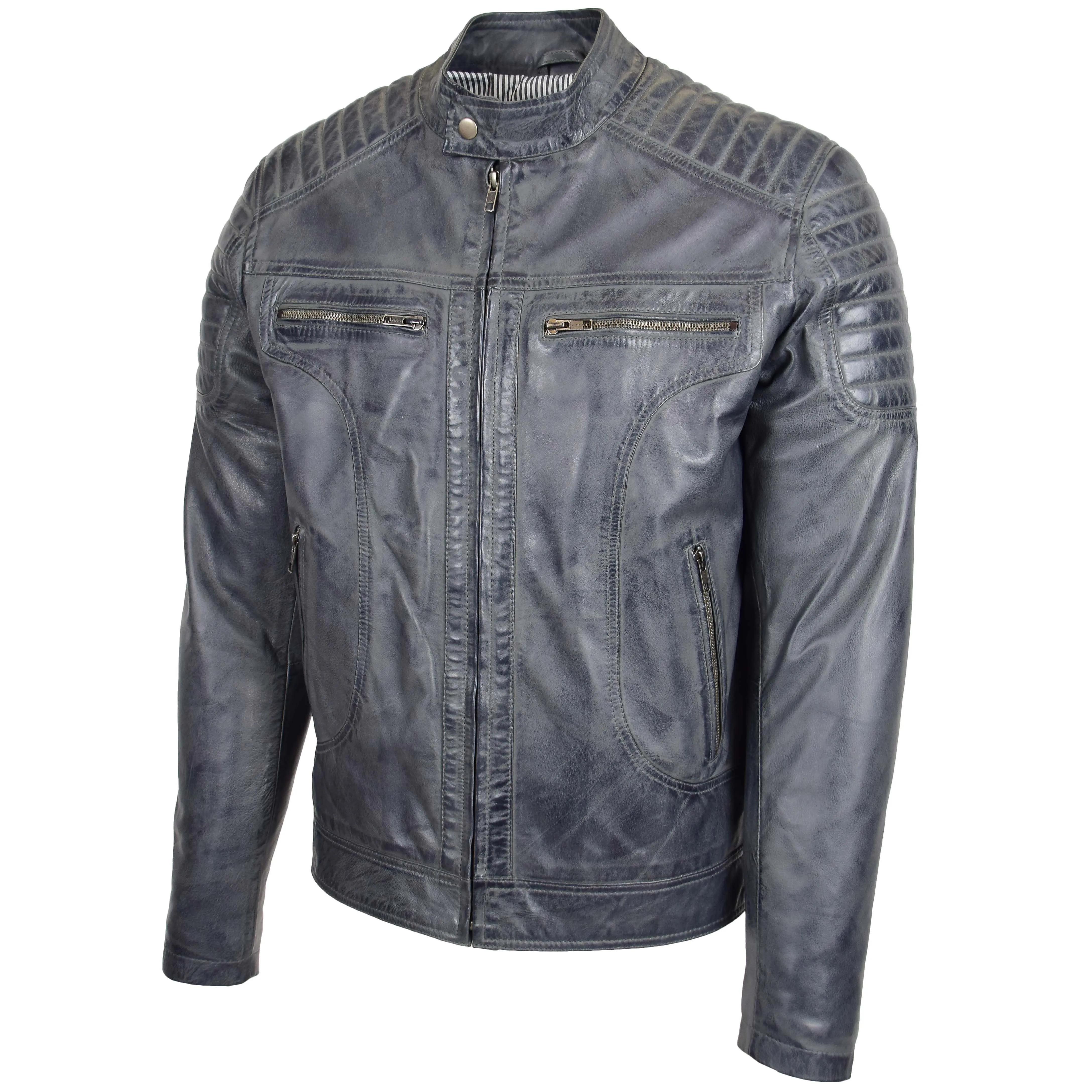 Mens Leather Biker Style Zip Jacket Eddie Grey Two Tone