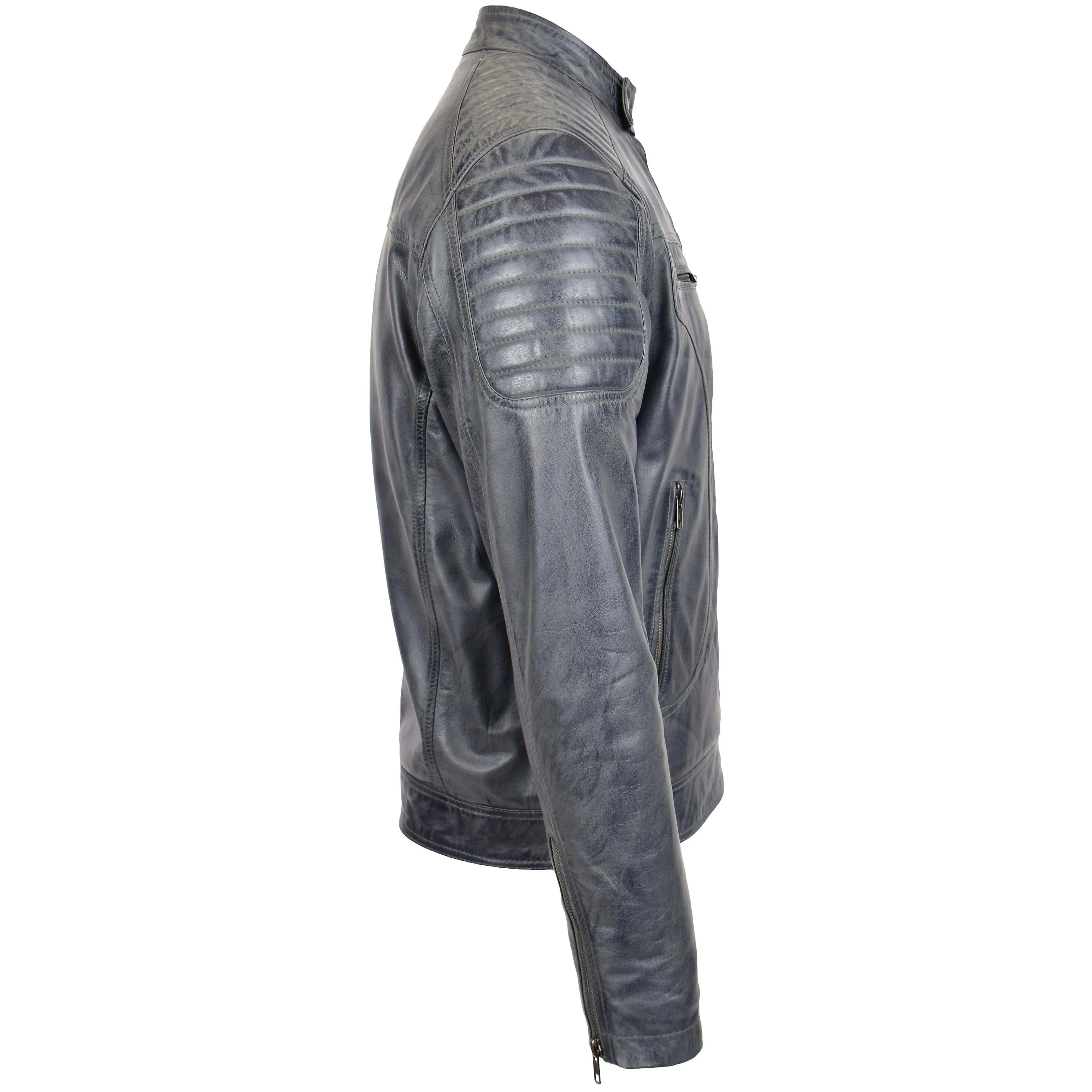 Mens Leather Biker Style Zip Jacket Eddie Grey Two Tone