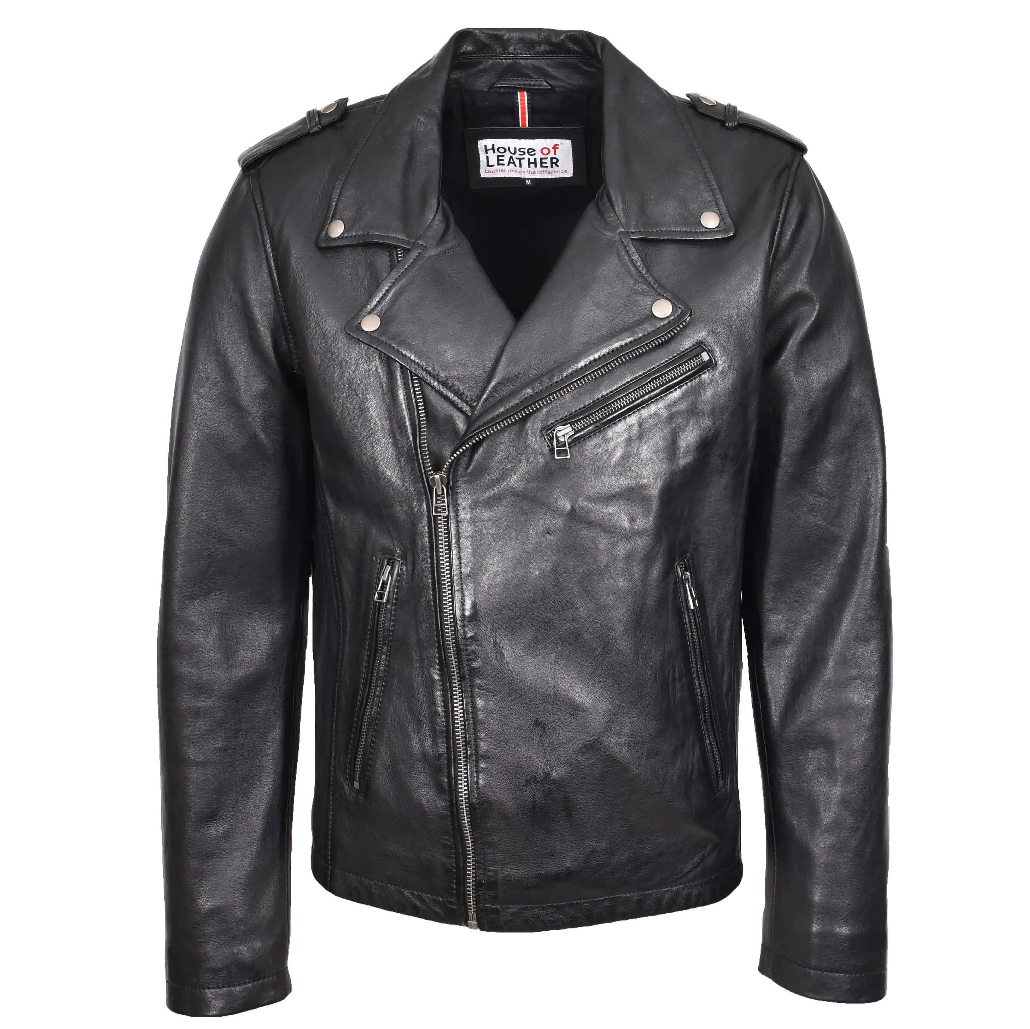 Mens Leather Brando Biker Jacket Cross Zip Daylen Black