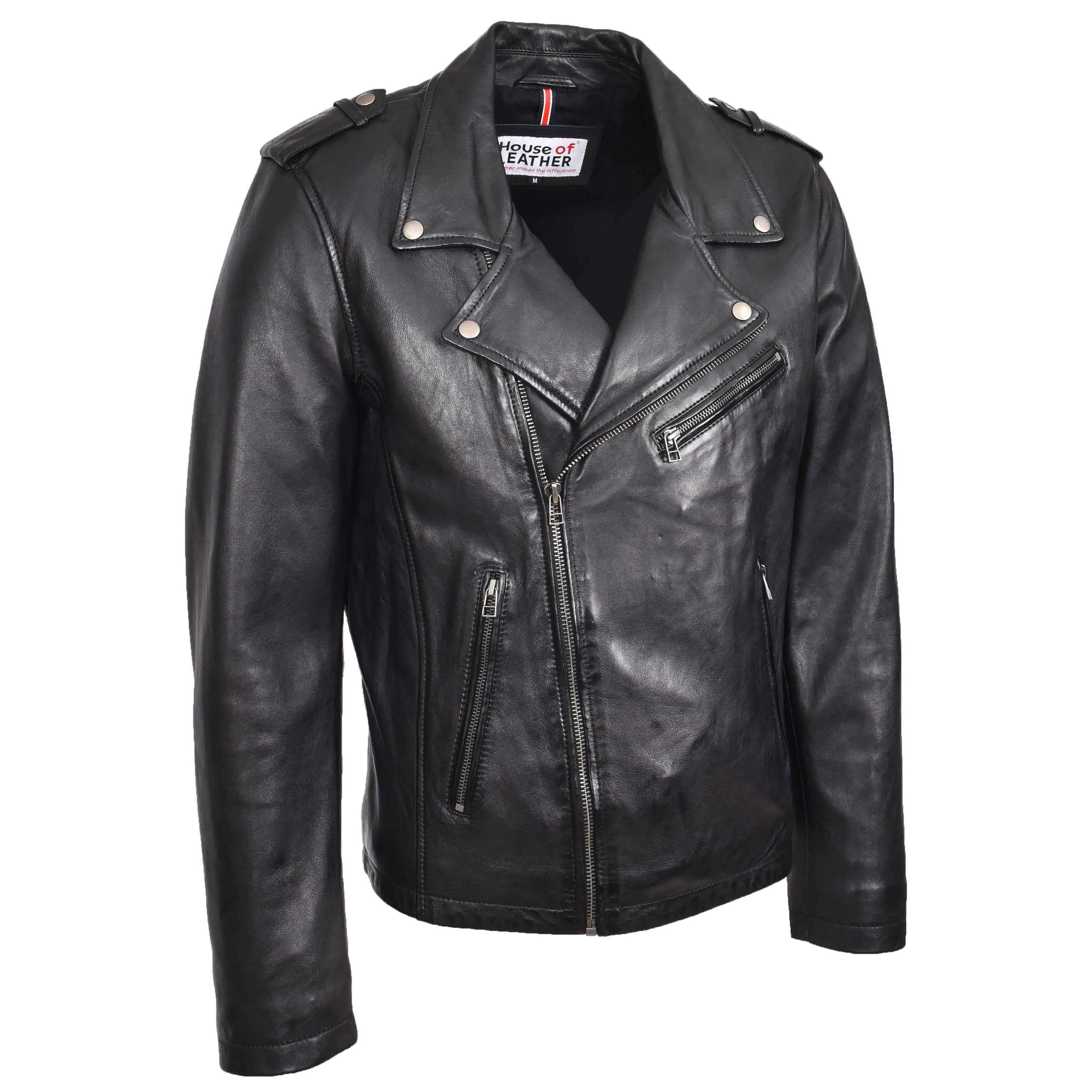 Mens Leather Brando Biker Jacket Cross Zip Daylen Black