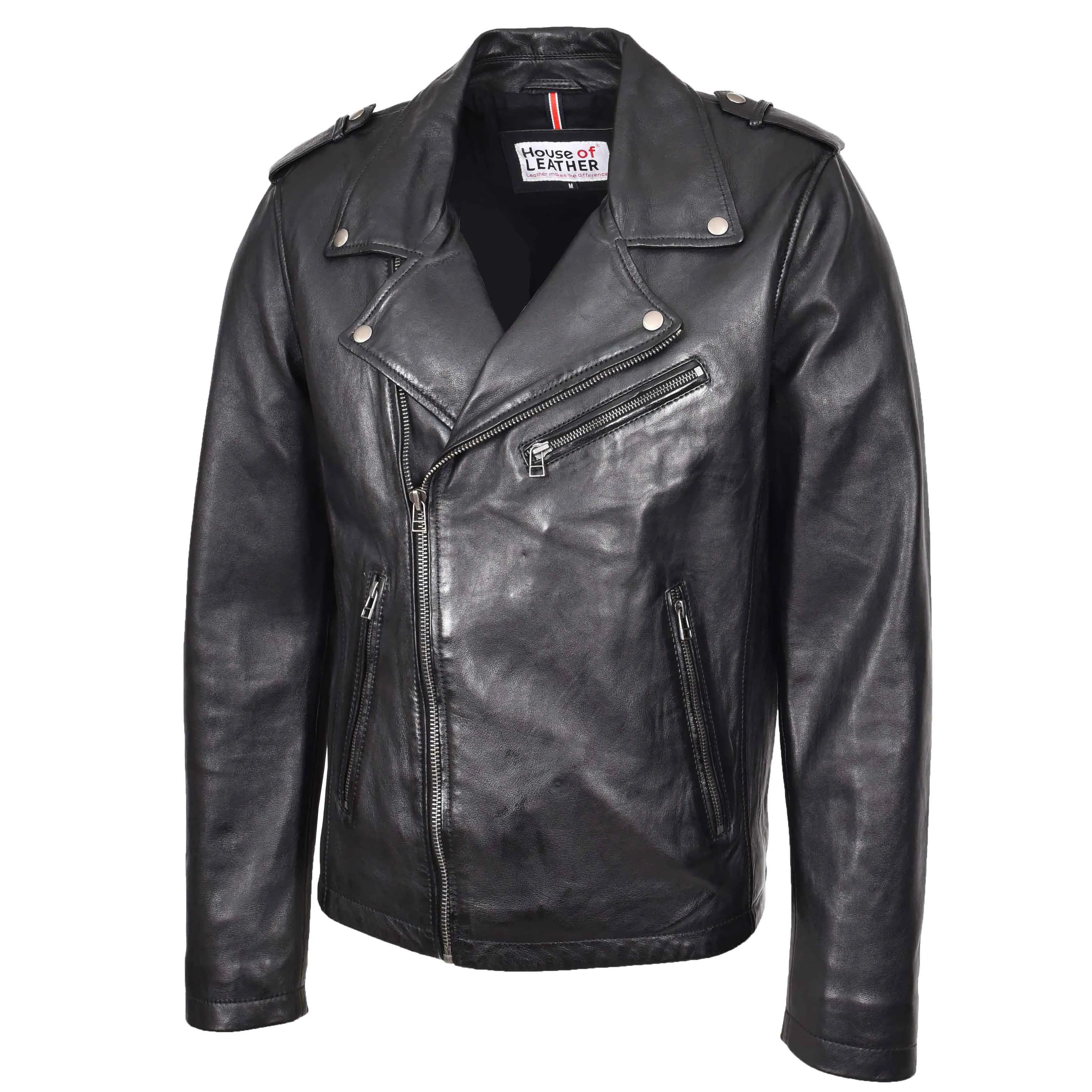 Mens Leather Brando Biker Jacket Cross Zip Daylen Black