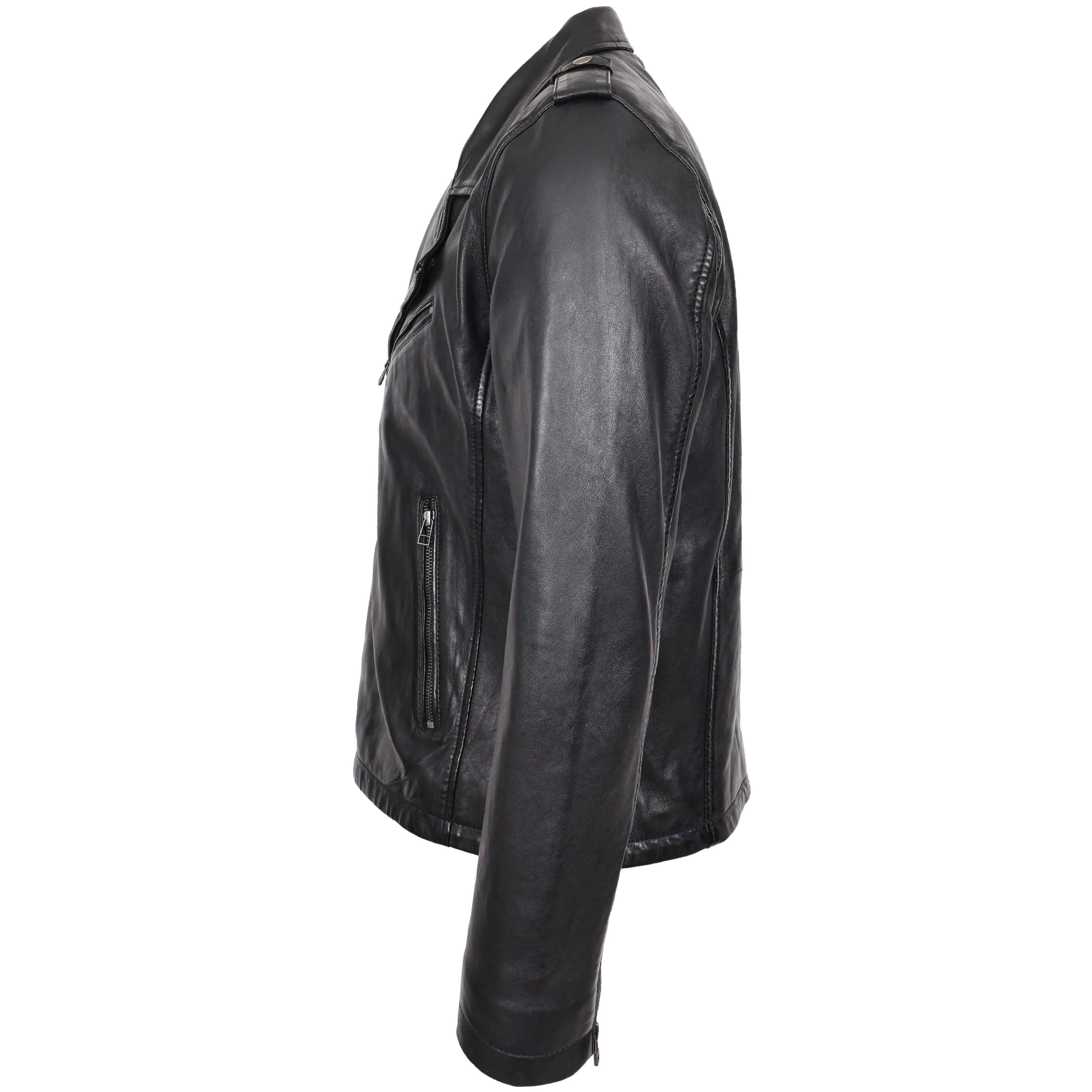 Mens Leather Brando Biker Jacket Cross Zip Daylen Black