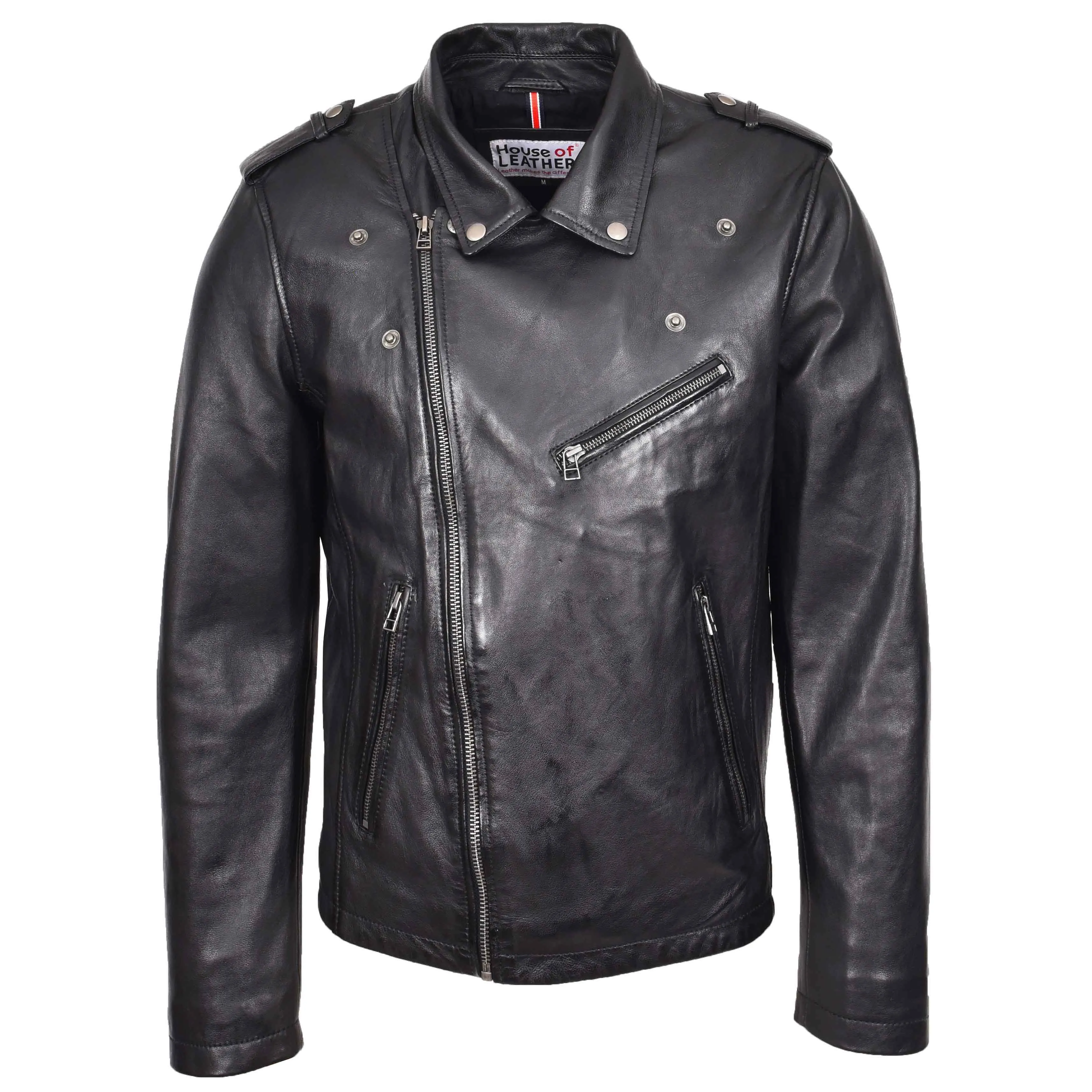 Mens Leather Brando Biker Jacket Cross Zip Daylen Black