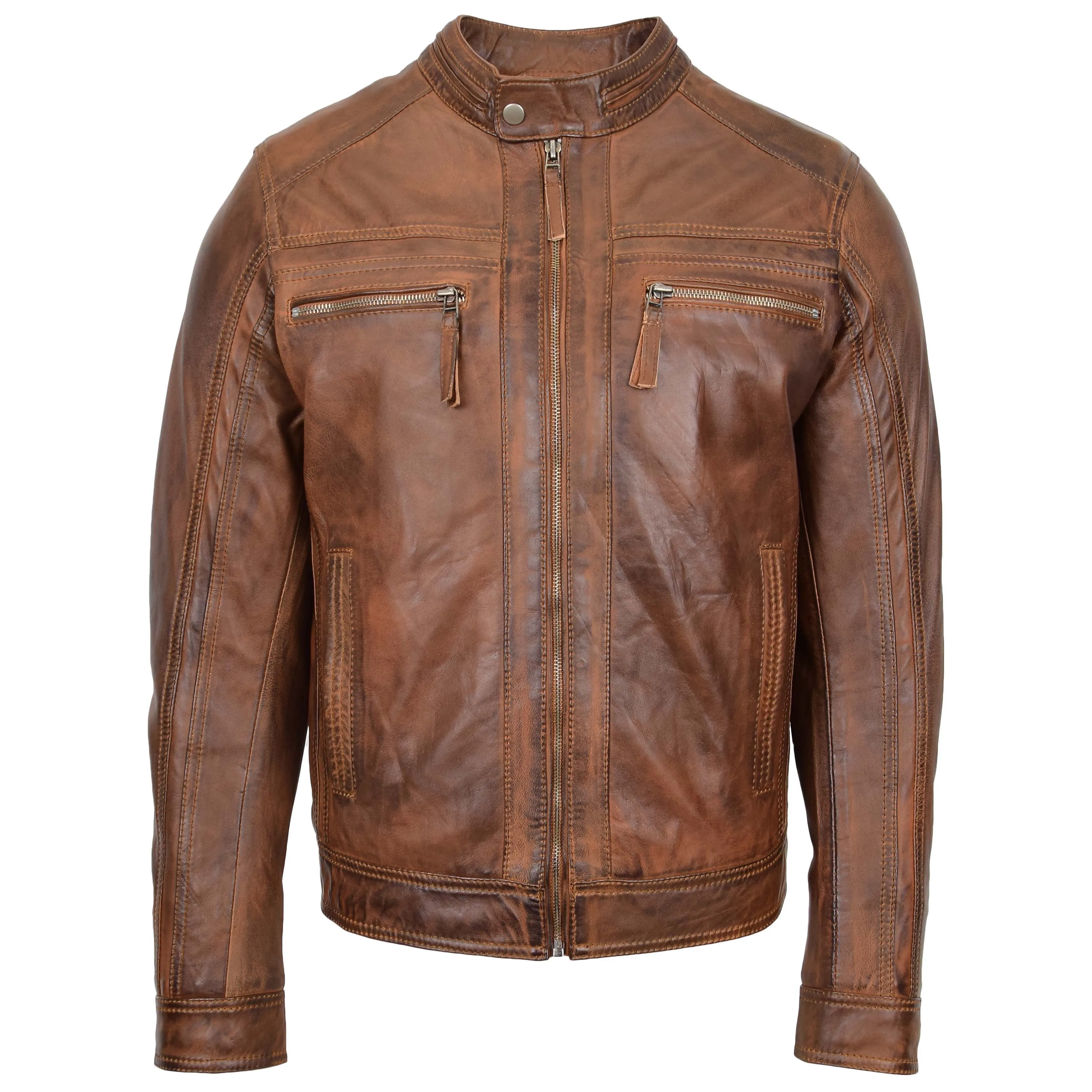 Mens Leather Cafe Racer Biker Jacket Charlie Antique Brown