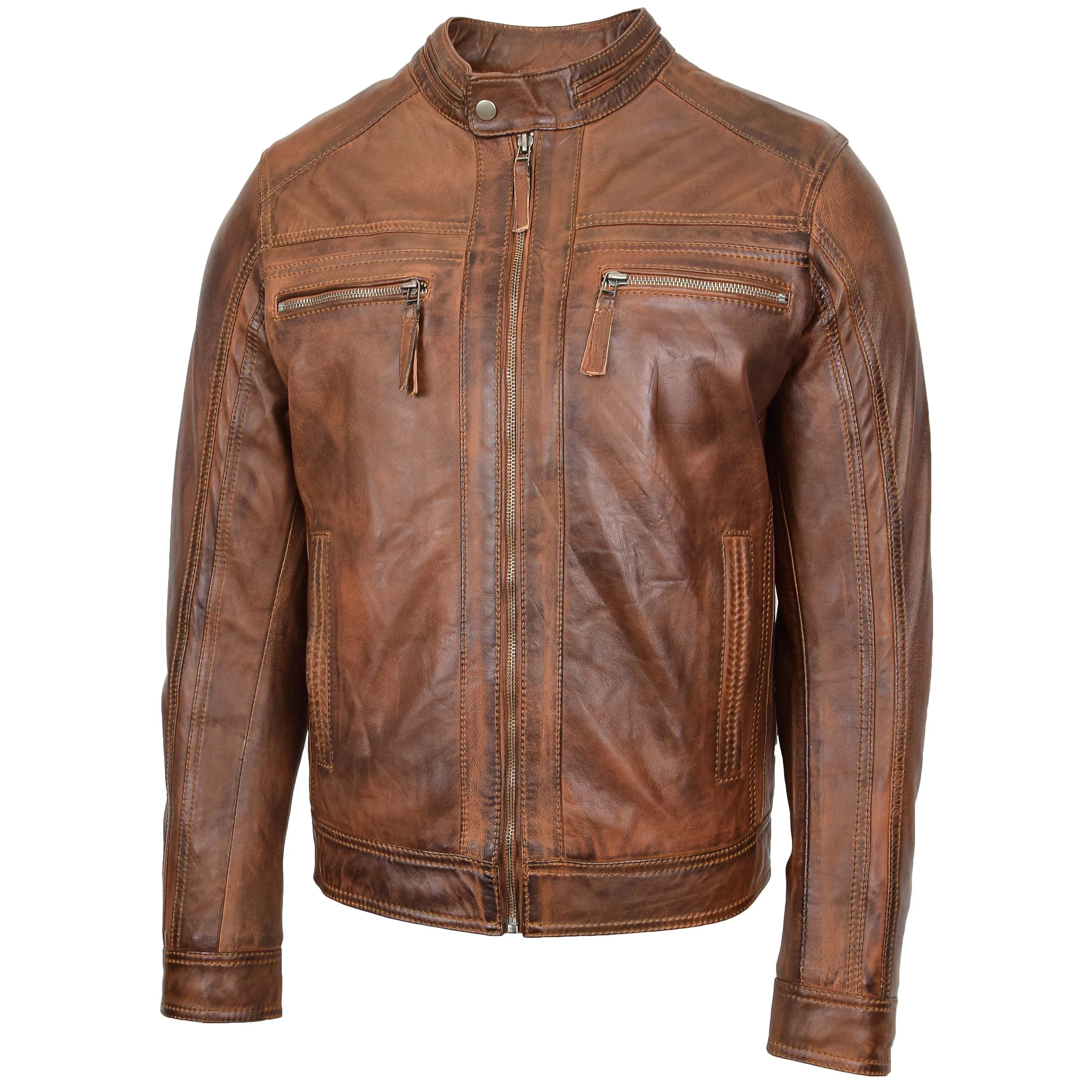 Mens Leather Cafe Racer Biker Jacket Charlie Antique Brown