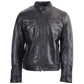 Mens Leather Cafe Racer Biker Jacket Charlie Black