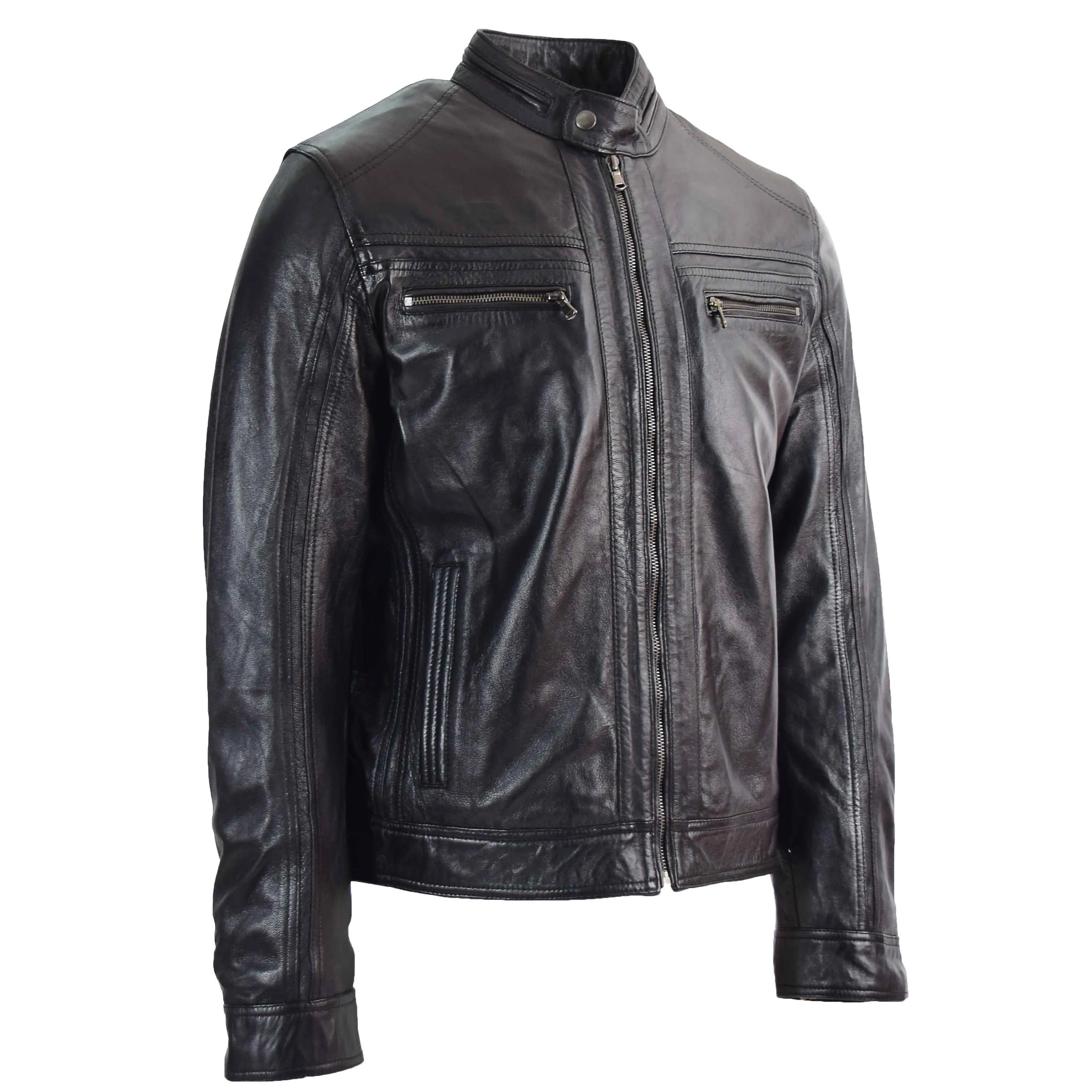 Mens Leather Cafe Racer Biker Jacket Charlie Black