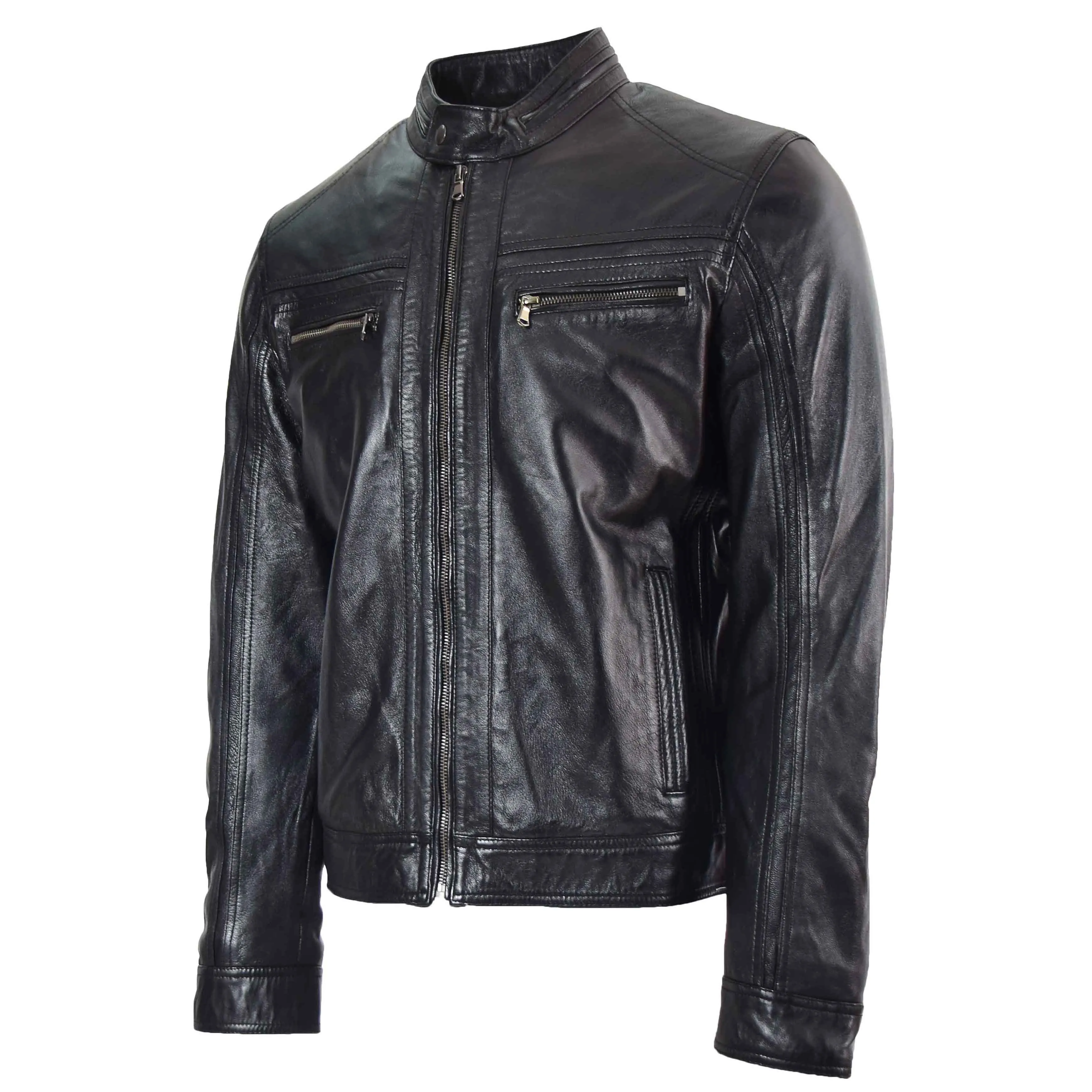 Mens Leather Cafe Racer Biker Jacket Charlie Black