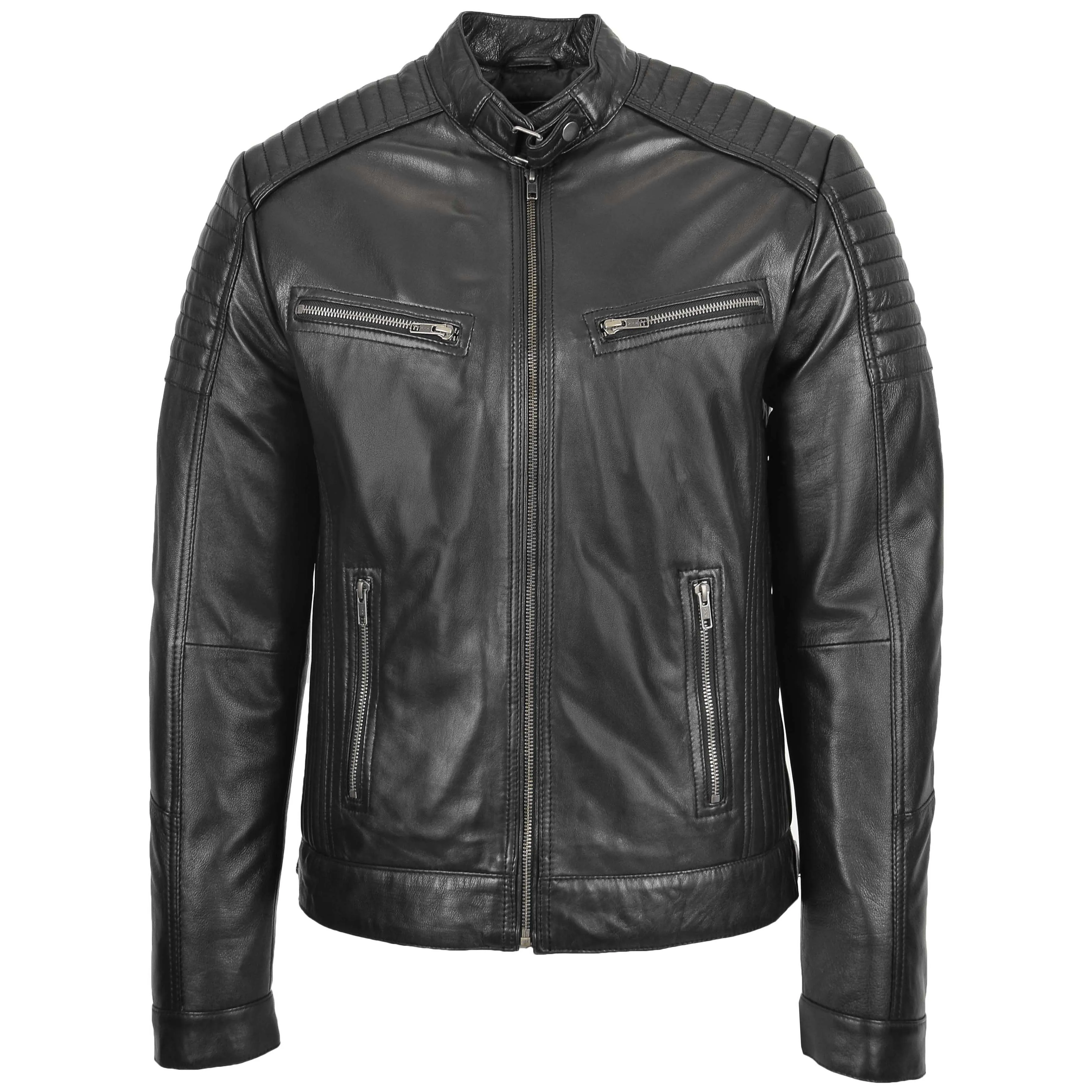 Mens Leather Cafe Racer Biker Jacket Ron Black